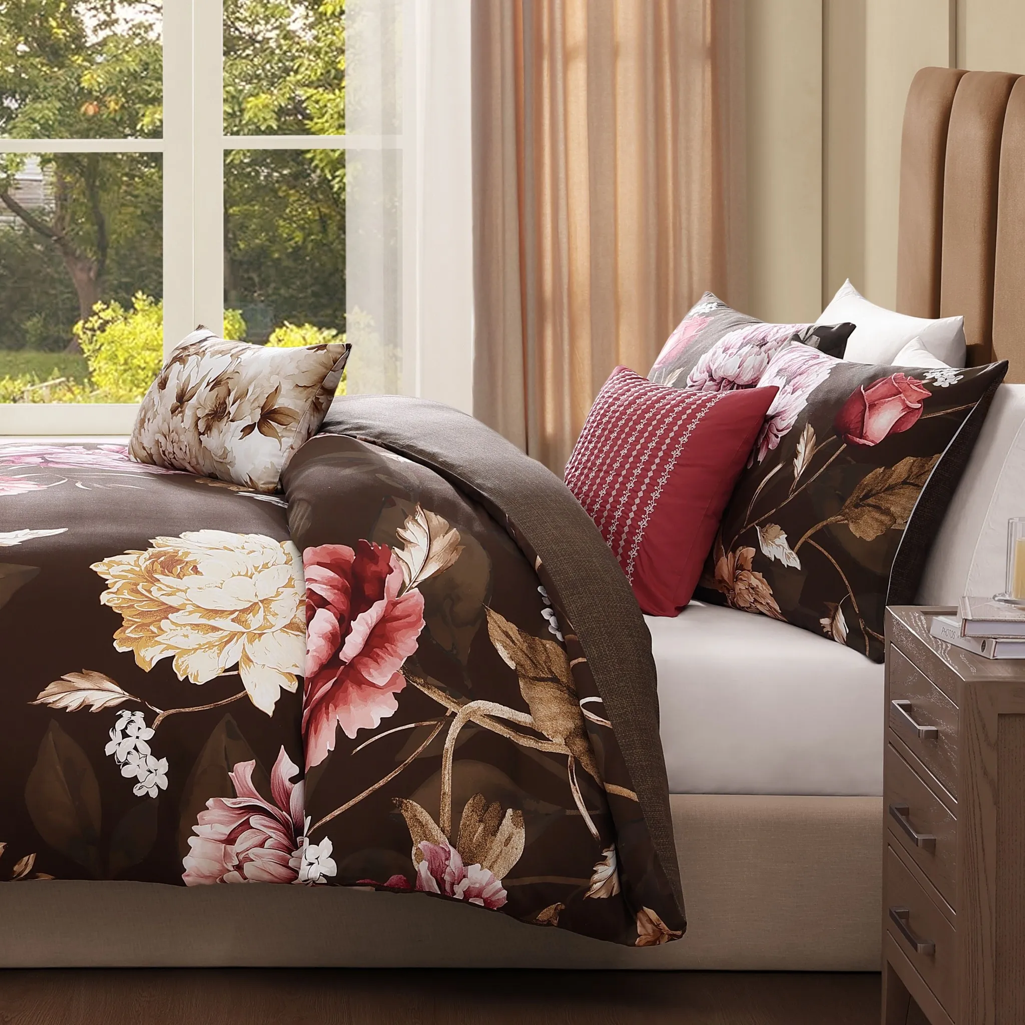 Bebejan Floral Garden on Mocha 5 Piece Reversible Comforter Set - King - Image 3