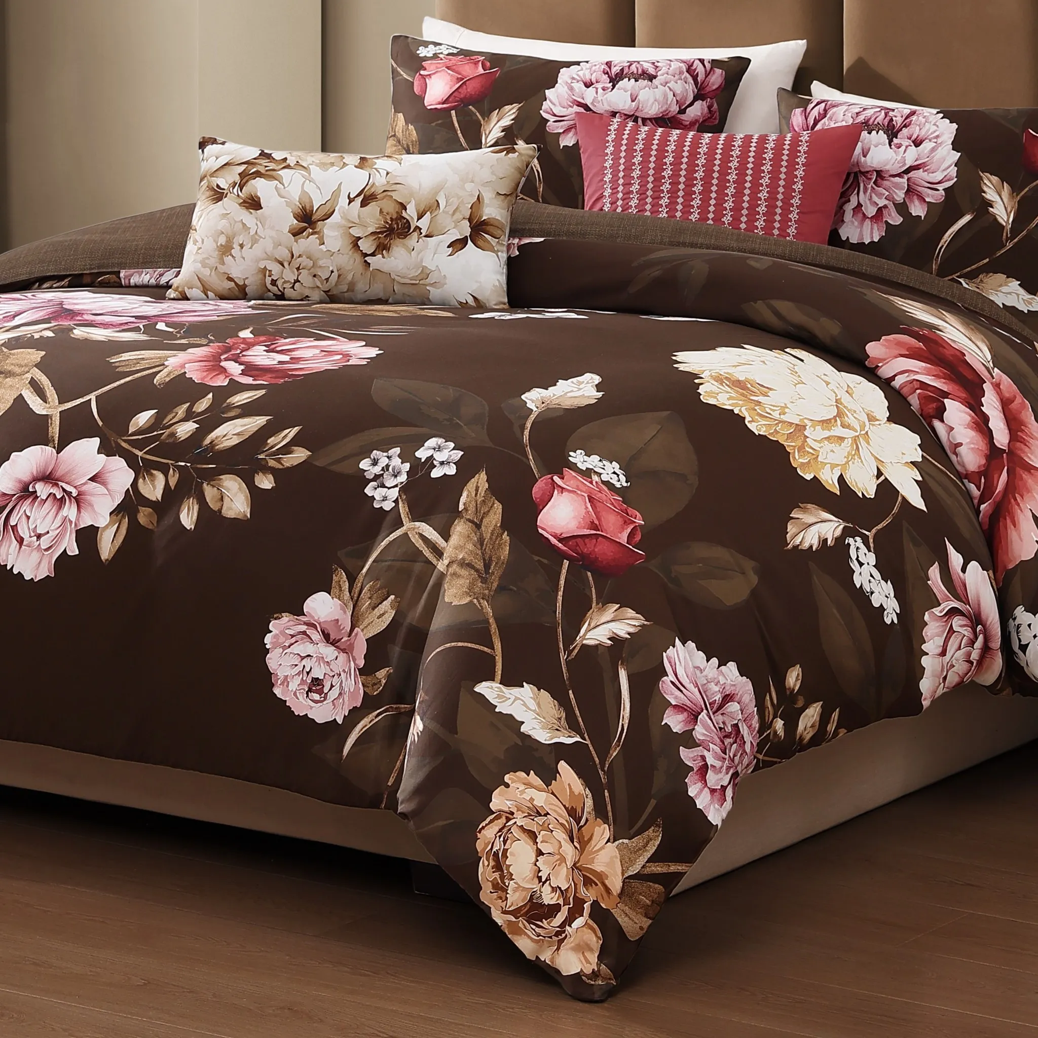 Bebejan Floral Garden on Mocha 5 Piece Reversible Comforter Set - King - Image 5