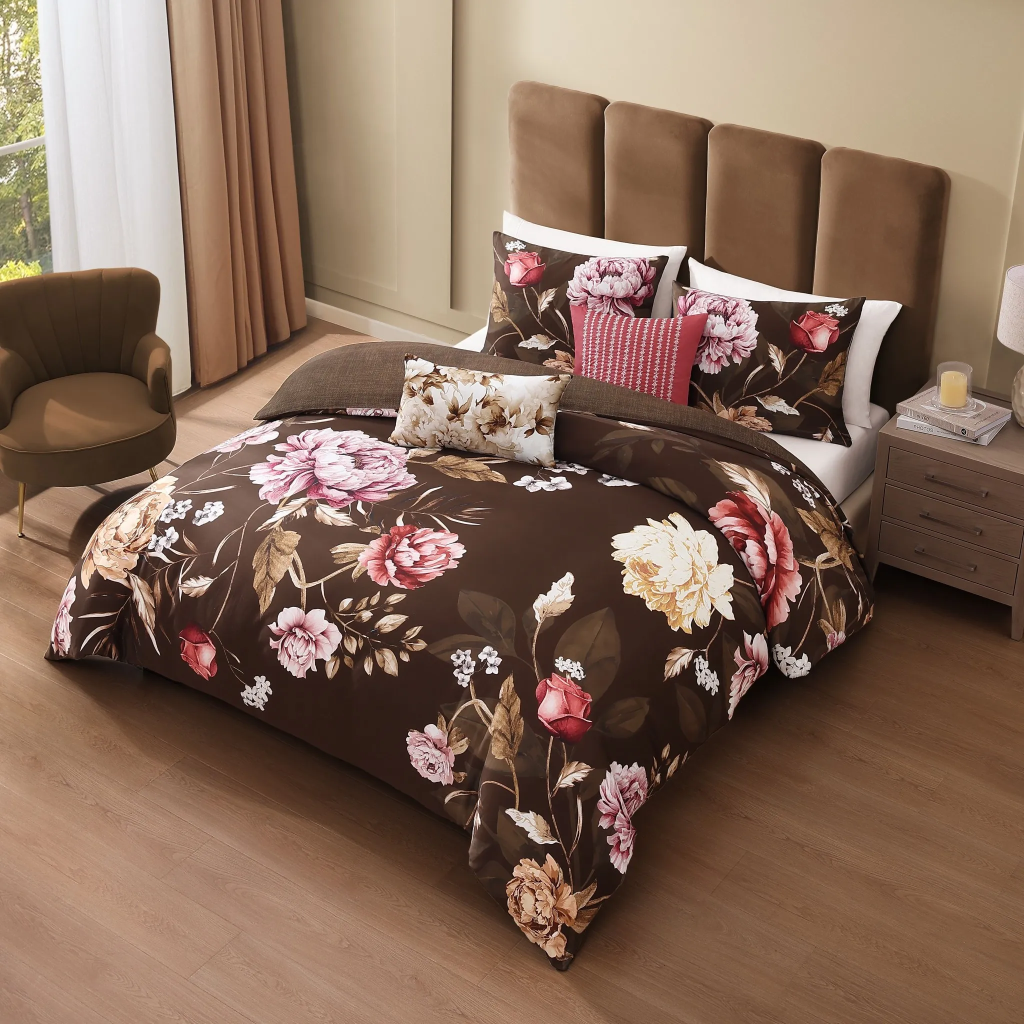 Bebejan Floral Garden on Mocha 5 Piece Reversible Comforter Set - King - Image 8