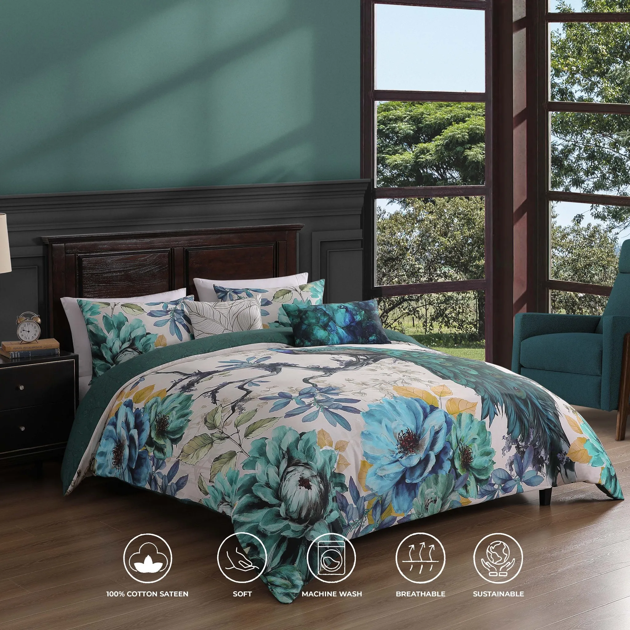 Bebejan Peacock Jardin 5 Piece Reversible Comforter Set - King - Image 4