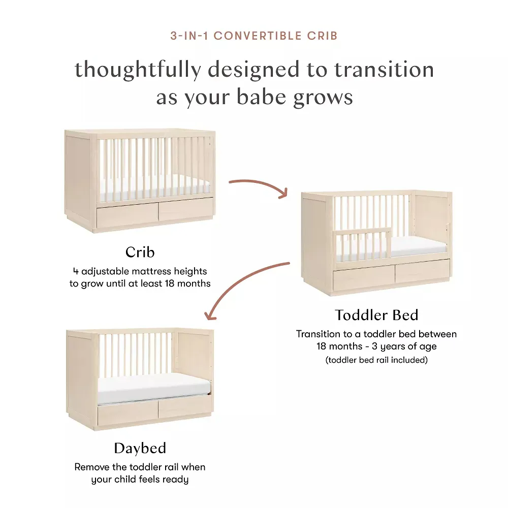 Bento 3-in-1 Convertible Storage Crib with Toddler Bed Conversion Kit and Drawers - Washed Natural - Image 3