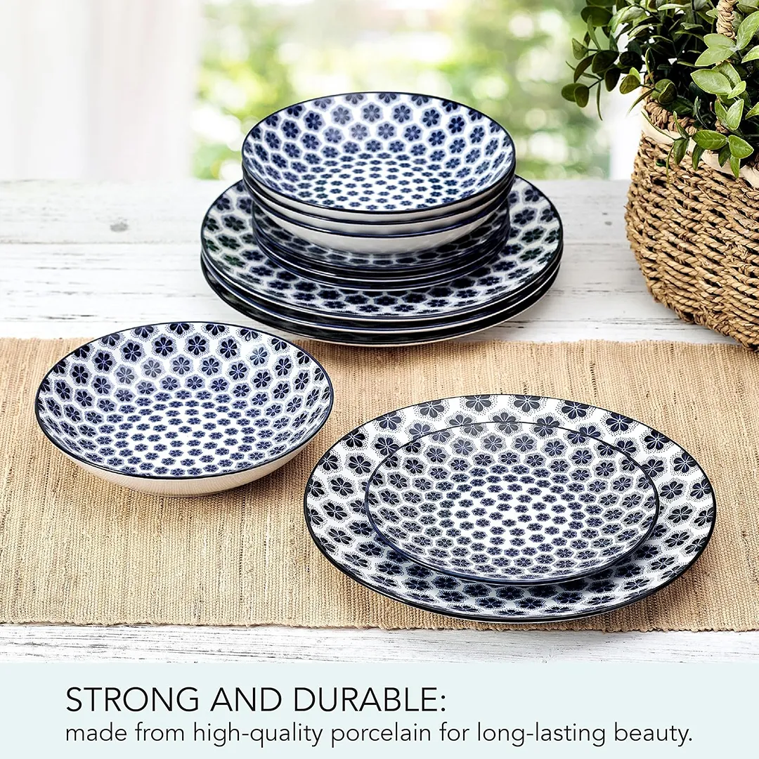 Blooming Delight Floral 12 Piece Plates Bowls Dinnerware Set - Blue and White - Image 4