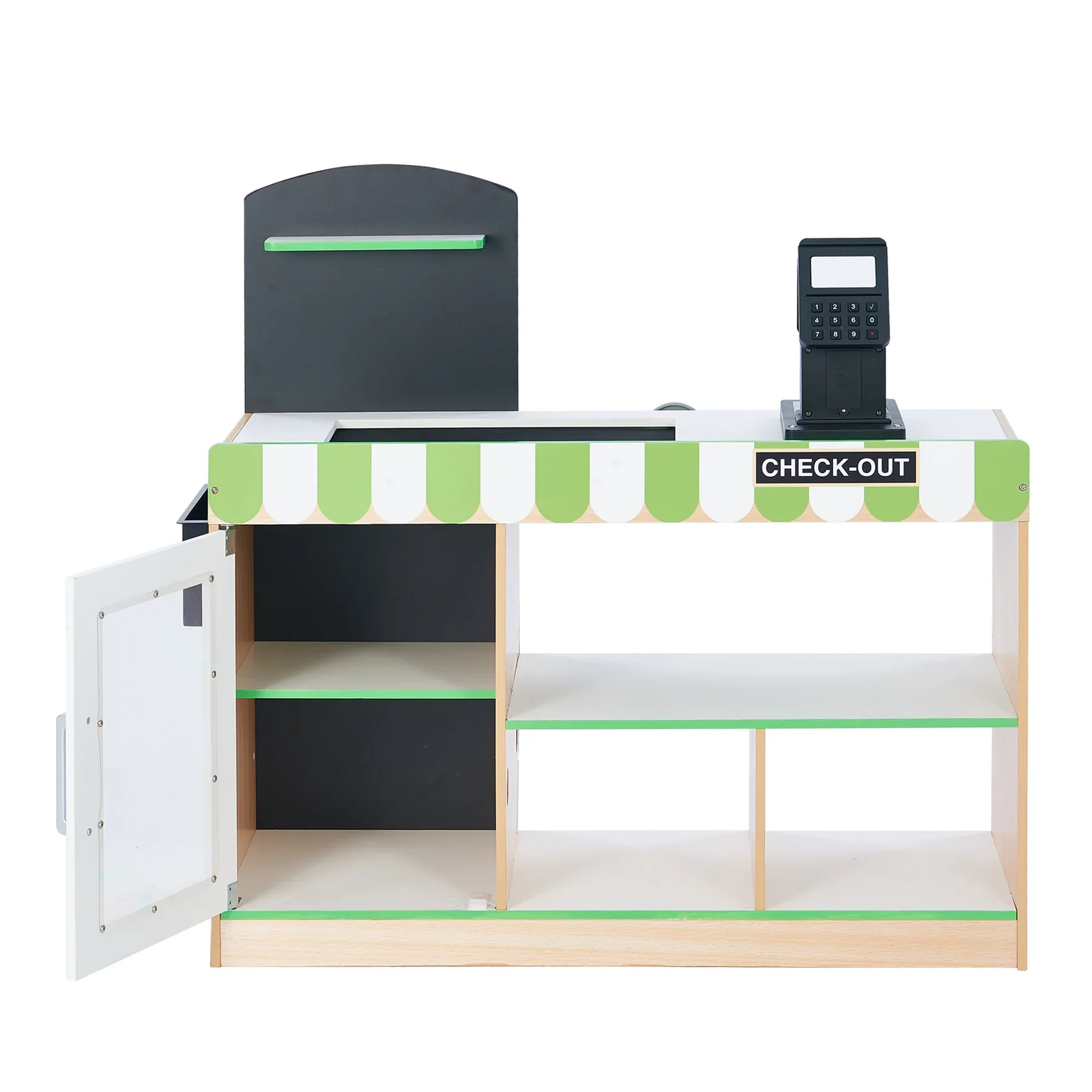 Cashier Austin Interactive Play Checkout Counter Stand with 26 Accessories, Green/White/Natural Wood - Image 4