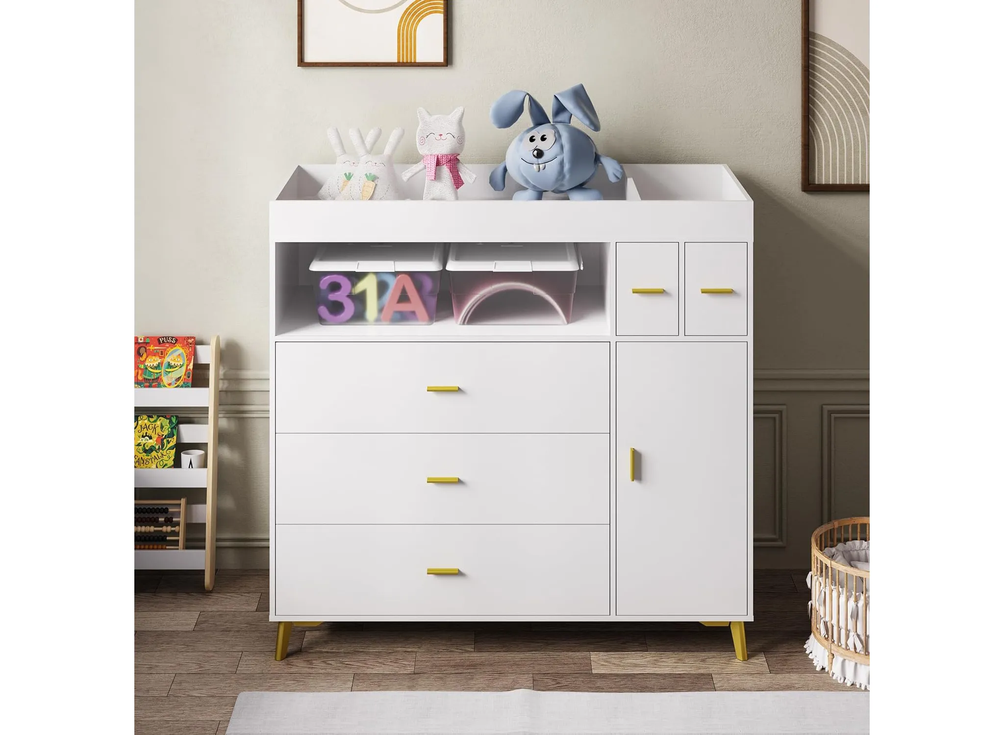 Changing Table with 5 Drawers & Cabinet - White - Image 4