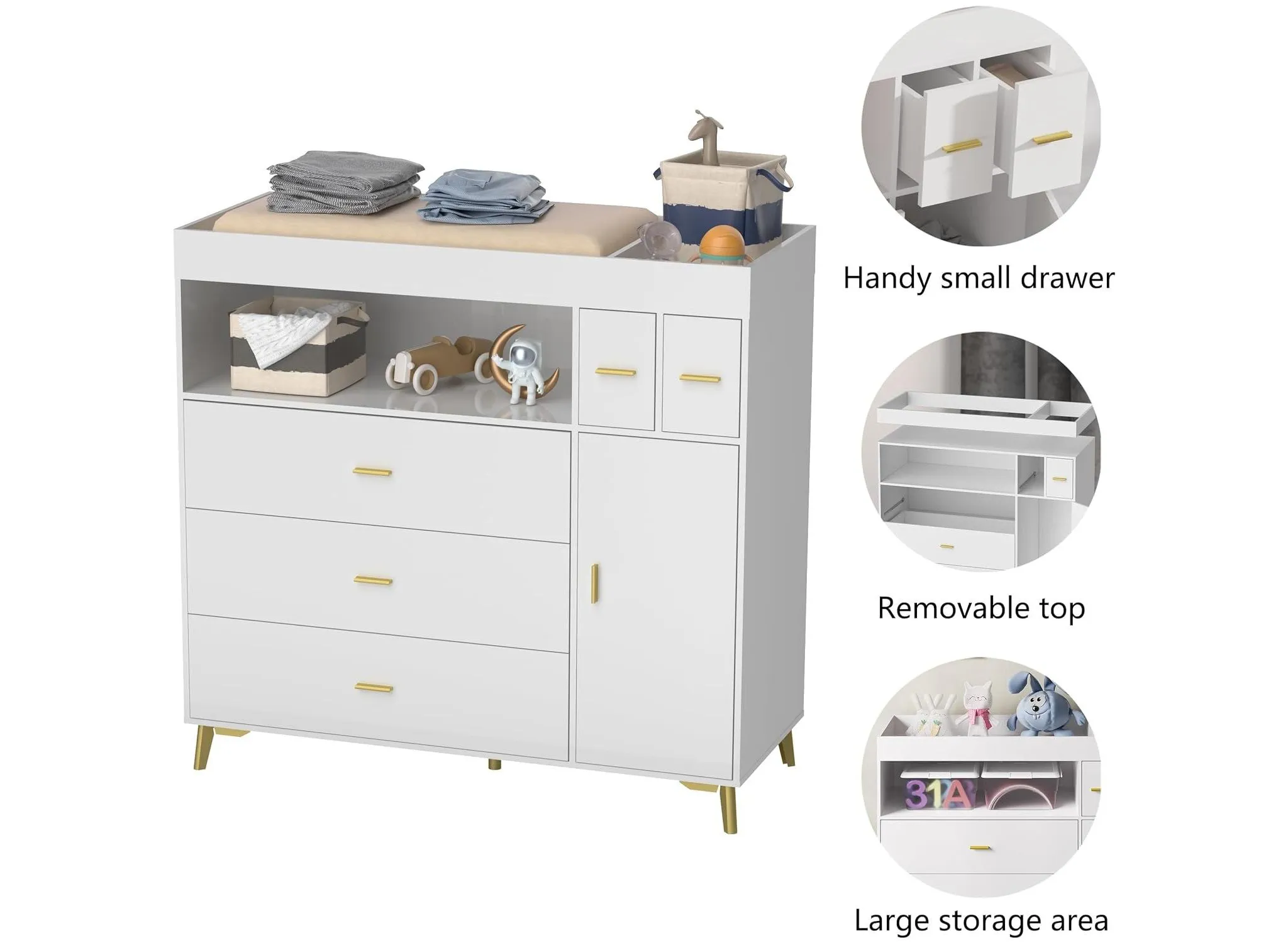 Changing Table with 5 Drawers & Cabinet - White - Image 5