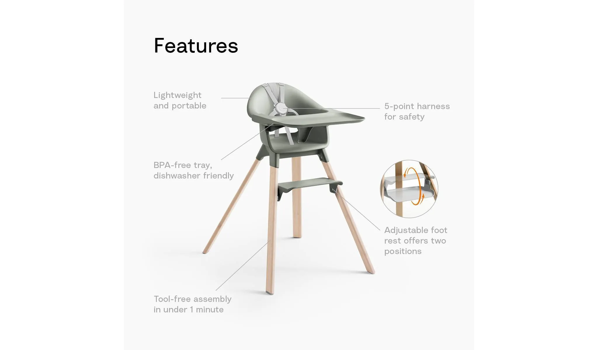 Clikk High Chair All-in-One with Tray & Harness - Glacier Green - Image 4