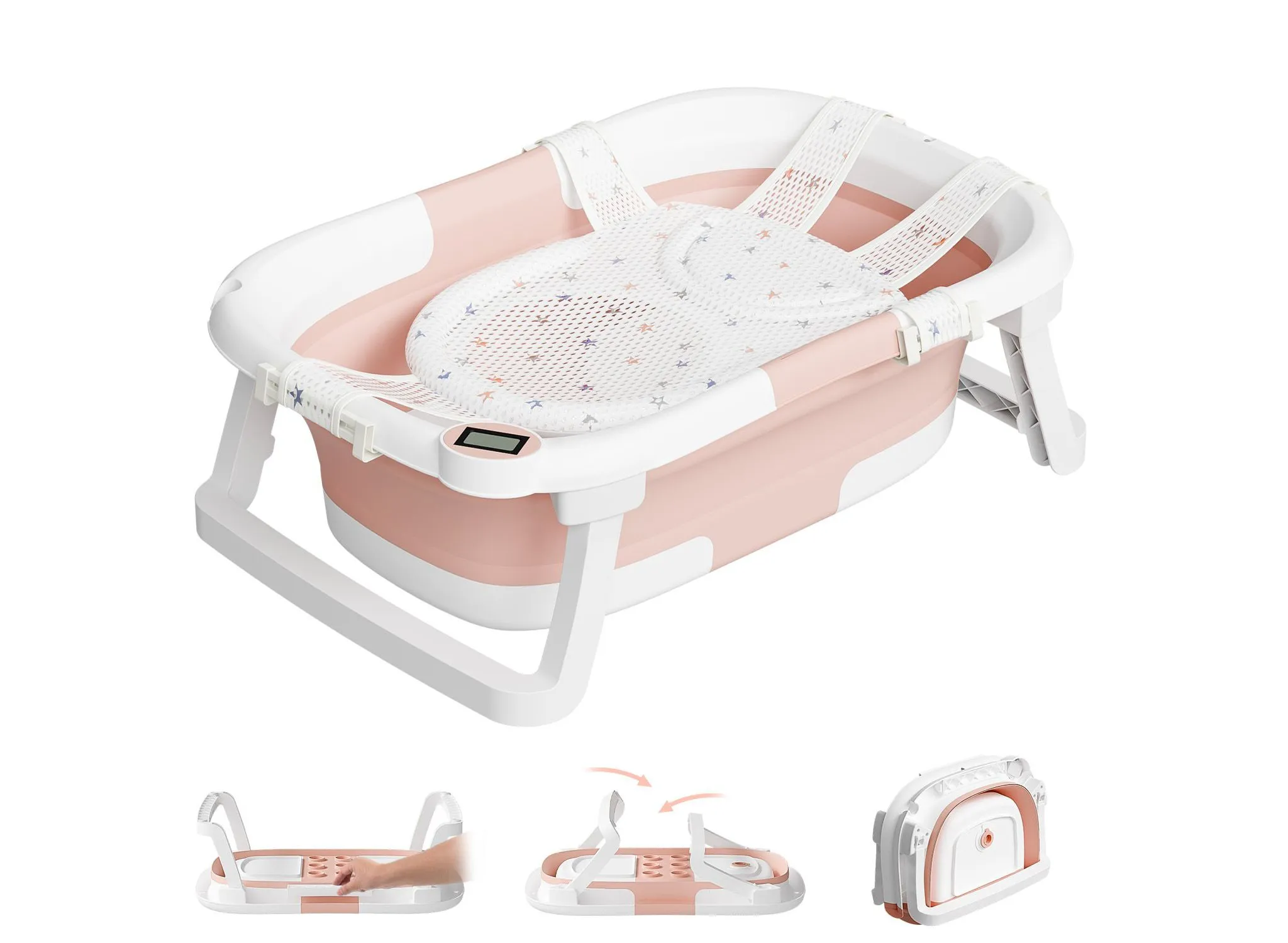 Collapsible Baby Bathtub for Infants and Toddlers with Bath Net and Thermometer- Pink - Image 4