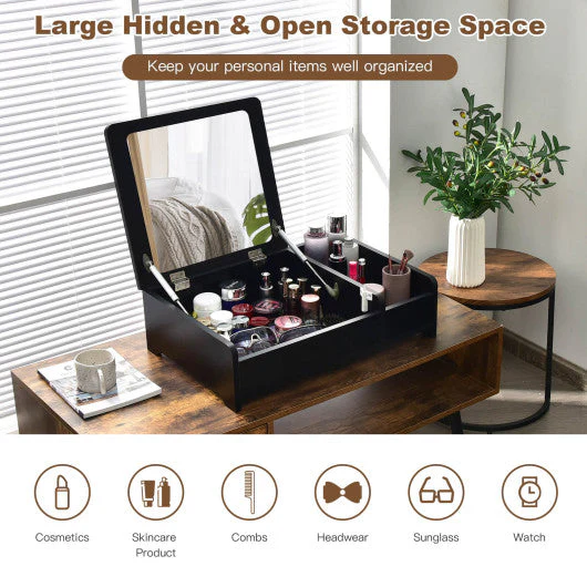 Compact Bay Window Makeup Dressing Table With Flip-Top Mirror-Black - Image 7