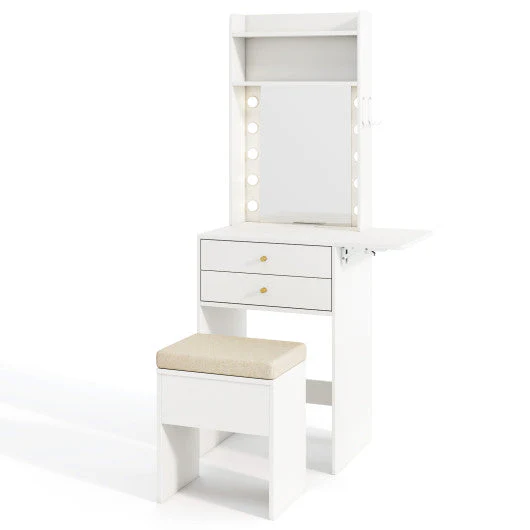 Compact Vanity Desk Set With 3-Color Lighted Mirror and Power Outlets-White - Image 4