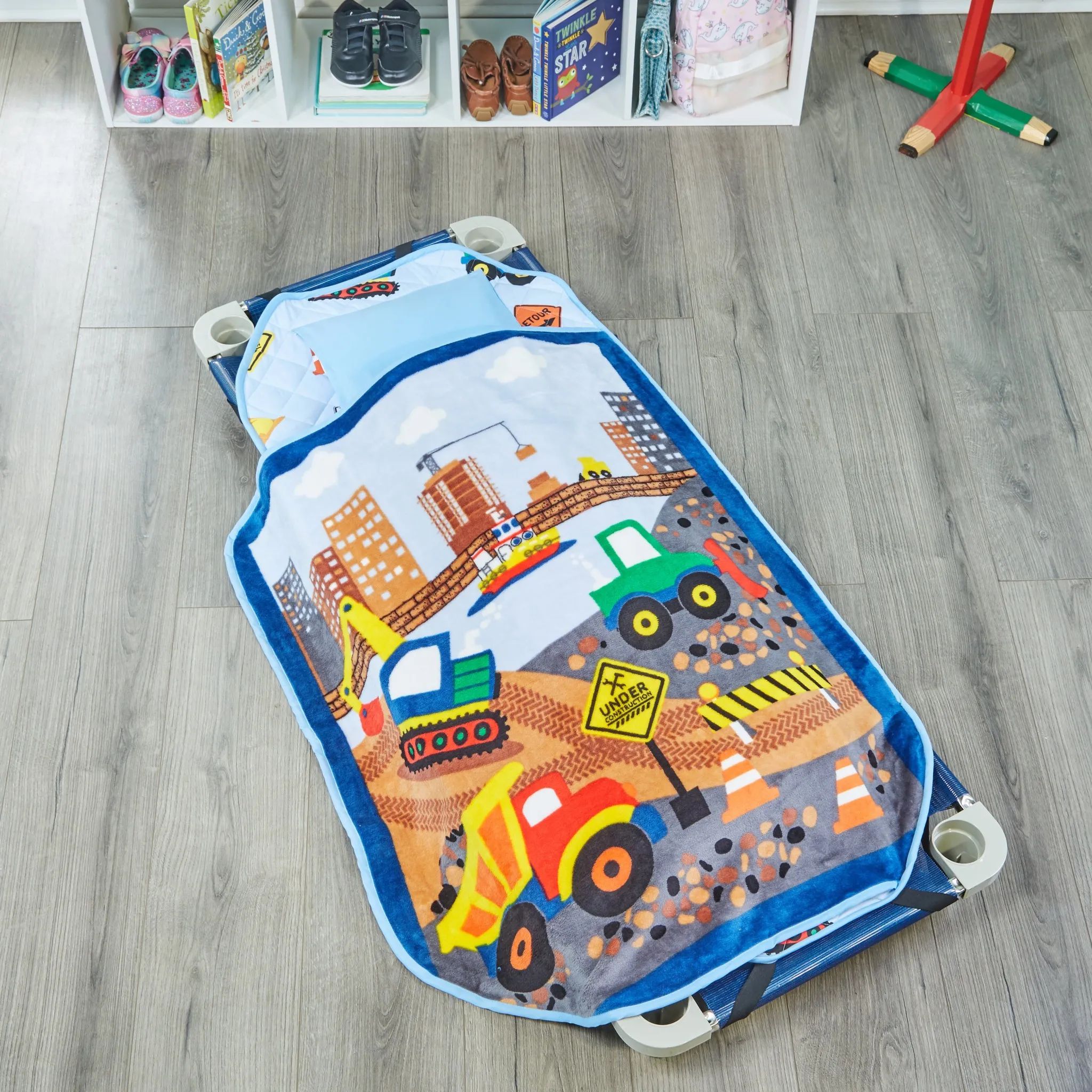 Construction Toddler Cot Nap Mat - Blue, Yellow, Green