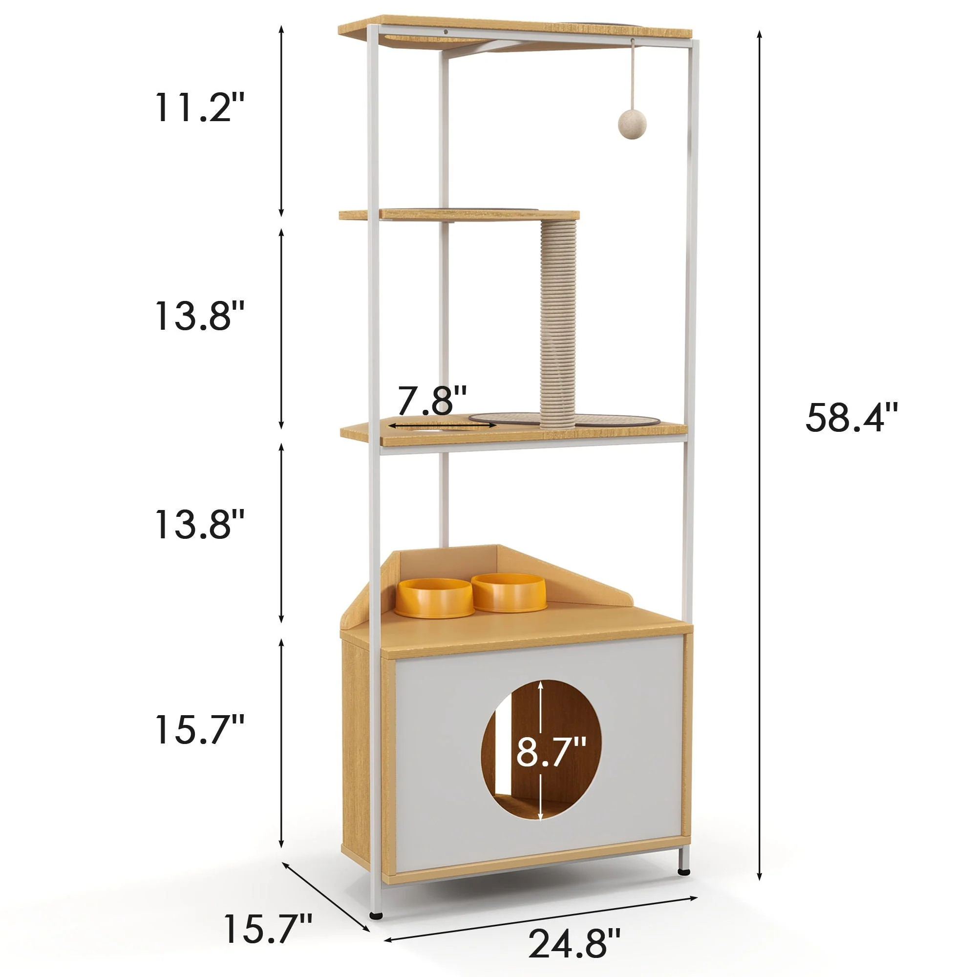 Corner Cat Tower, Cat Tree With Scratching Post, Cat Condo With Feeding Station and Climbing Platforms, Pet Furniture for Indoor Cats - White / Light Oak - Image 3