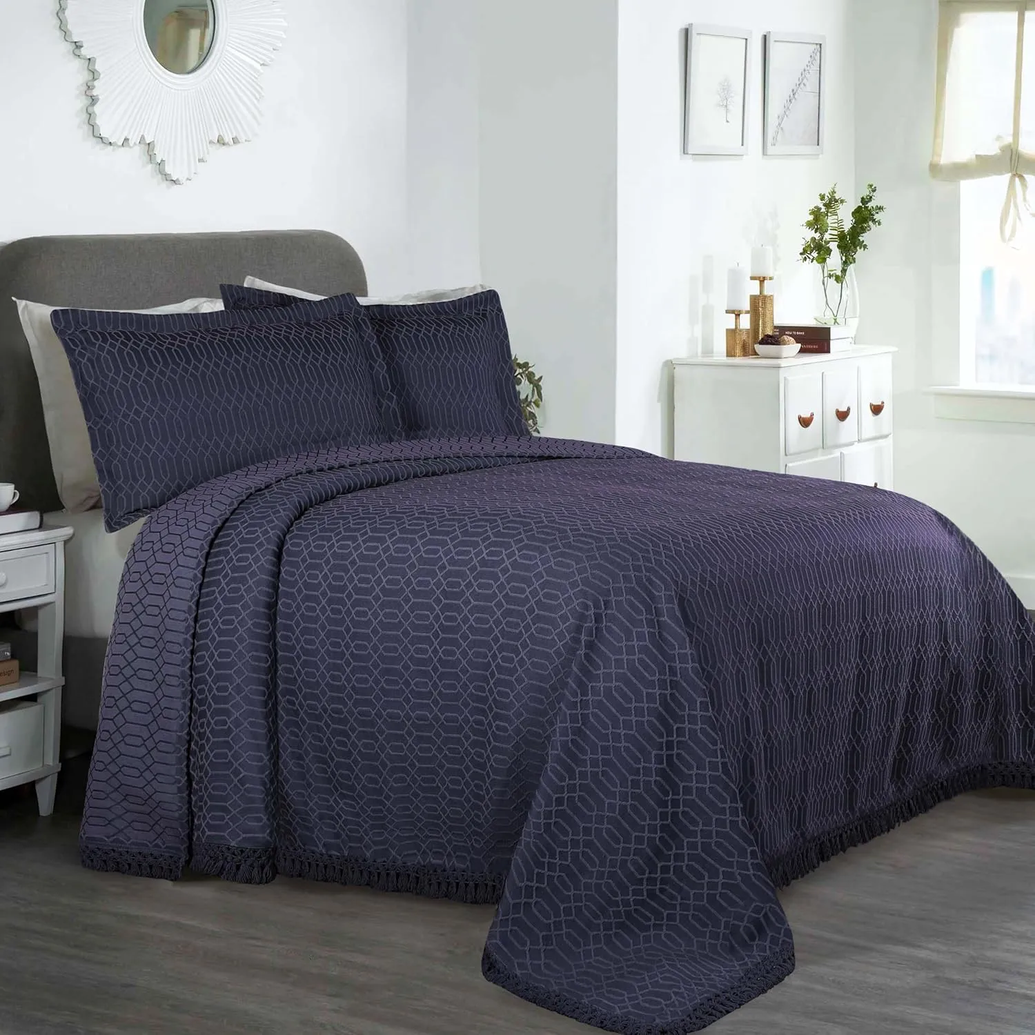 Cotton Blend Bedspread Set - Navy - Image 3