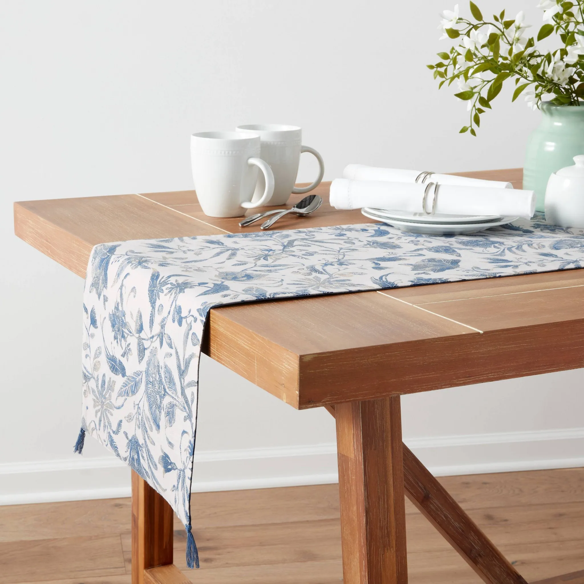 Cotton Floral Table Runner - Blue 108" x 14" - Image 2