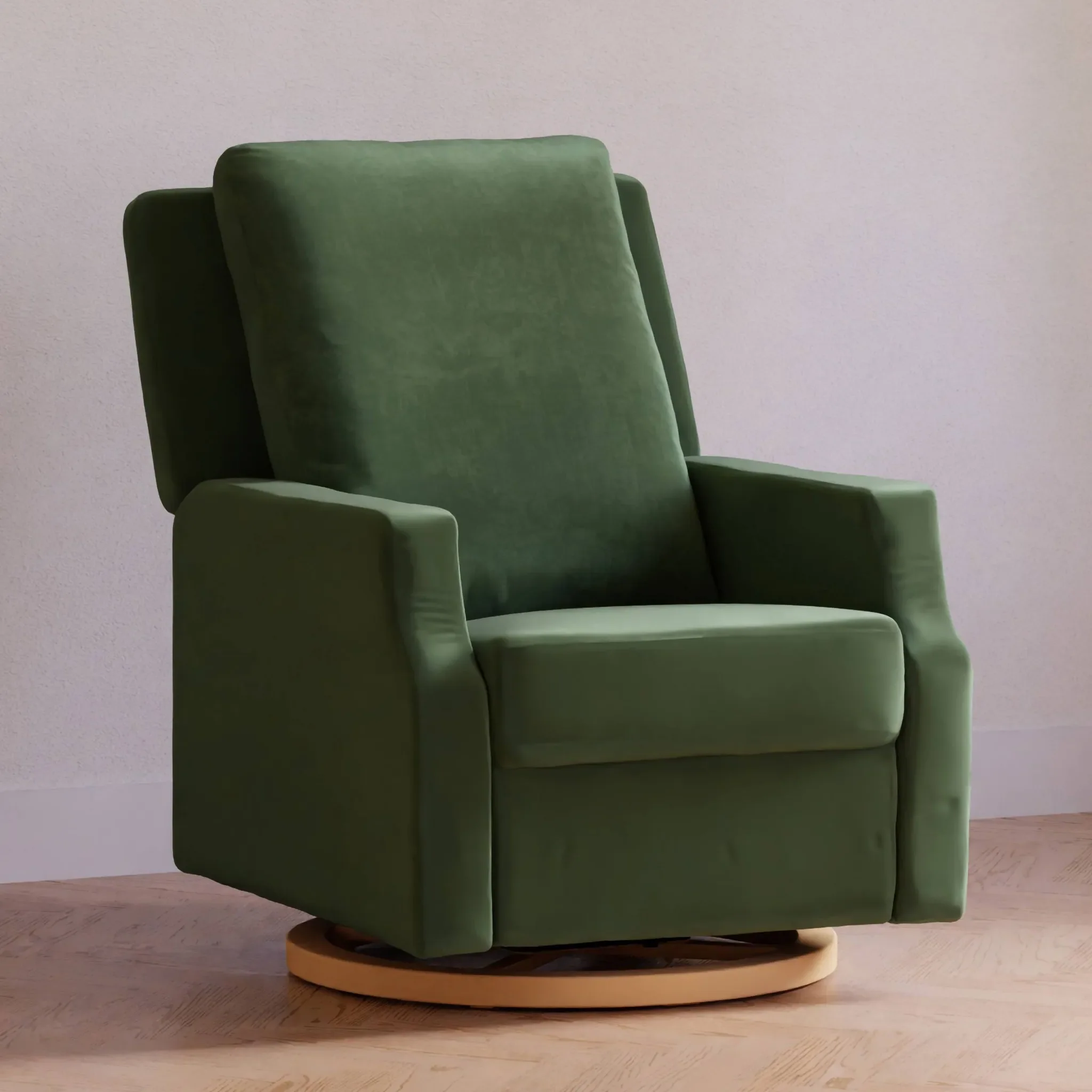 Crewe Electronic Swivel Glider Recliner - Forest Green Velvet with Light Wood Base - Image 2