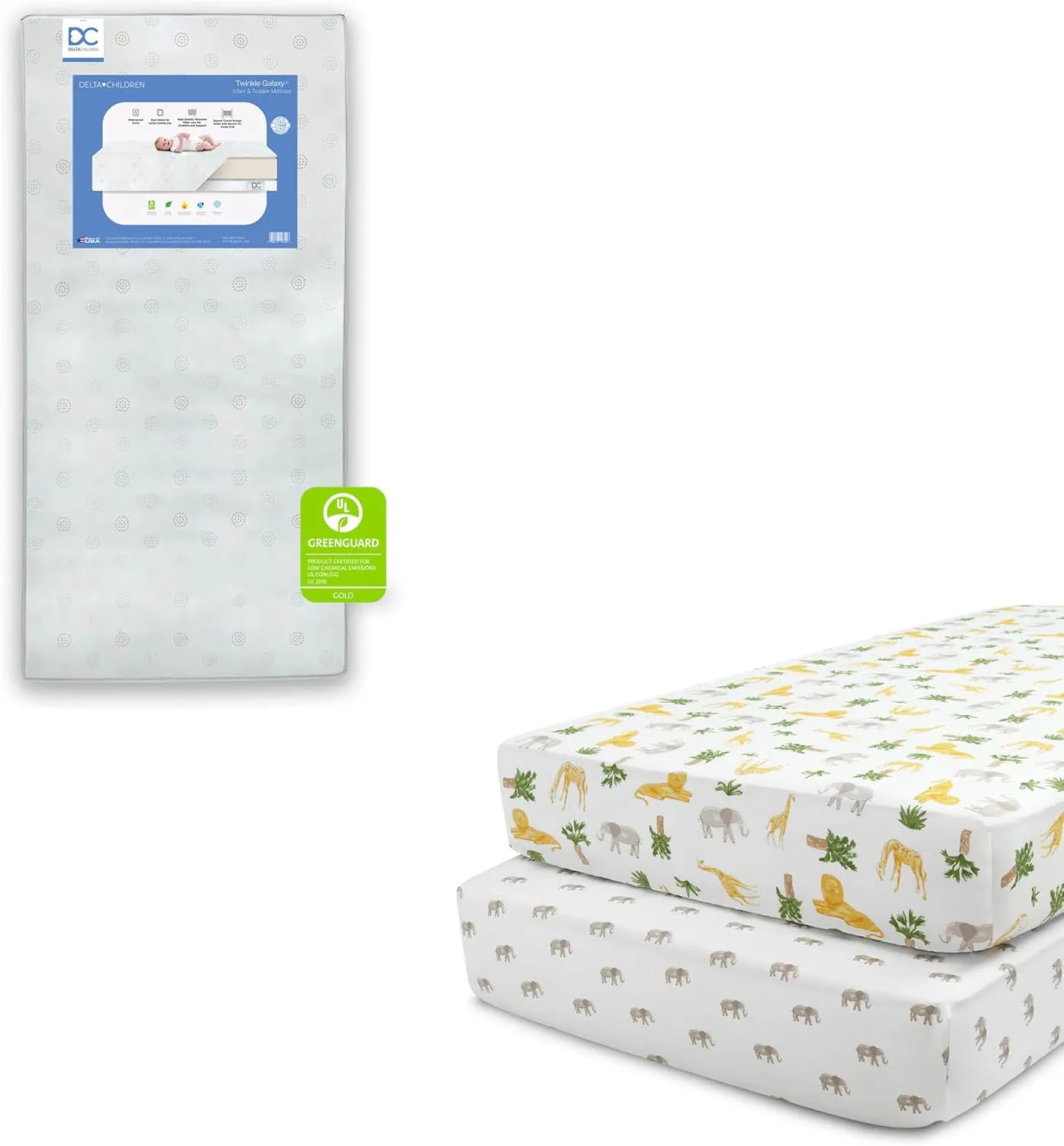 Delta Children Twinkle Galaxy Dual Sided Recycled Fiber Core Crib and Toddler Mattress Fitted Crib Sheets for Girls and Boys (Pack of 2), Safari Friends (Bundle) Crib Mattress + Sheet Safari Friends - Image 4