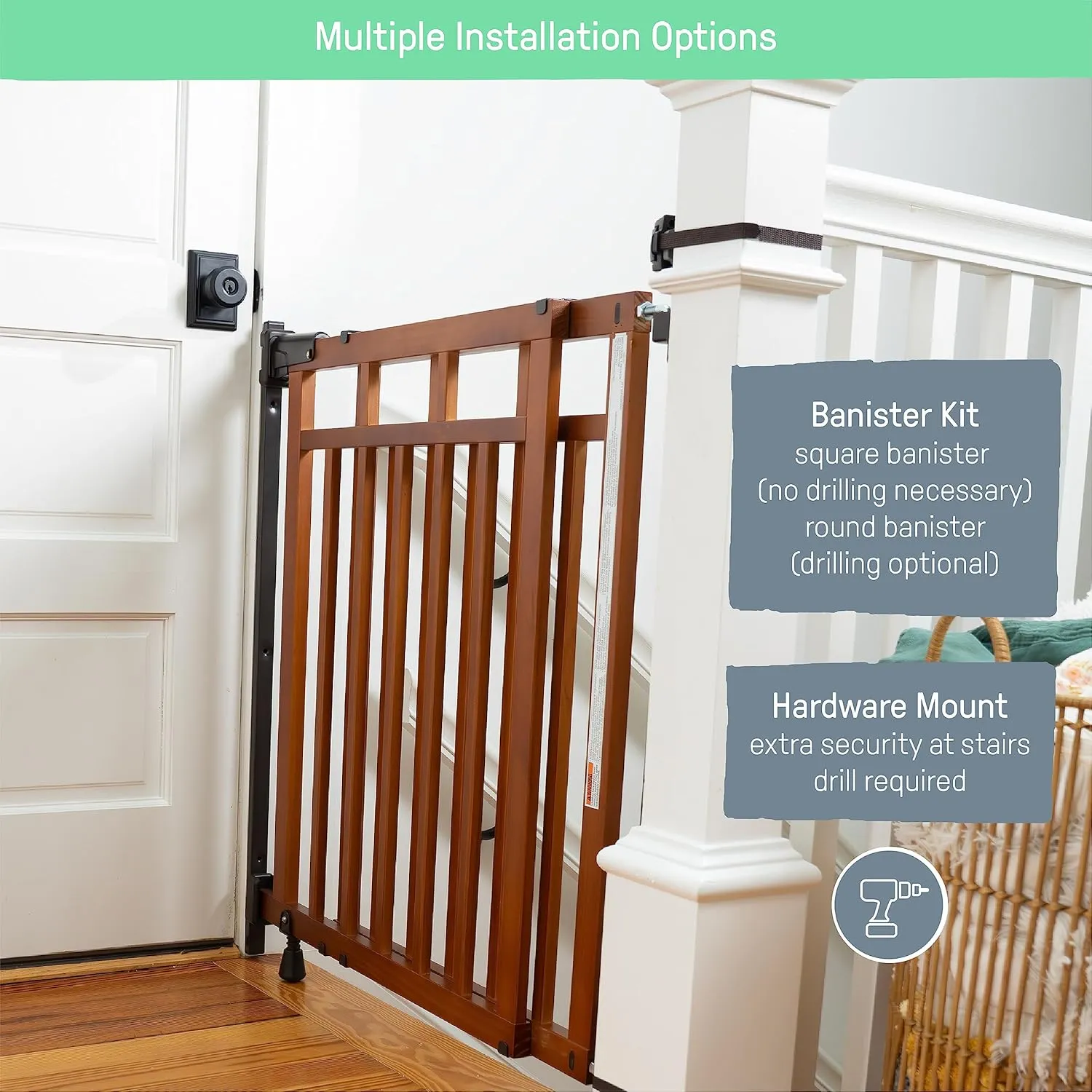 Deluxe Top of Stair Baby Gate with Dual Banister Kit - Image 4