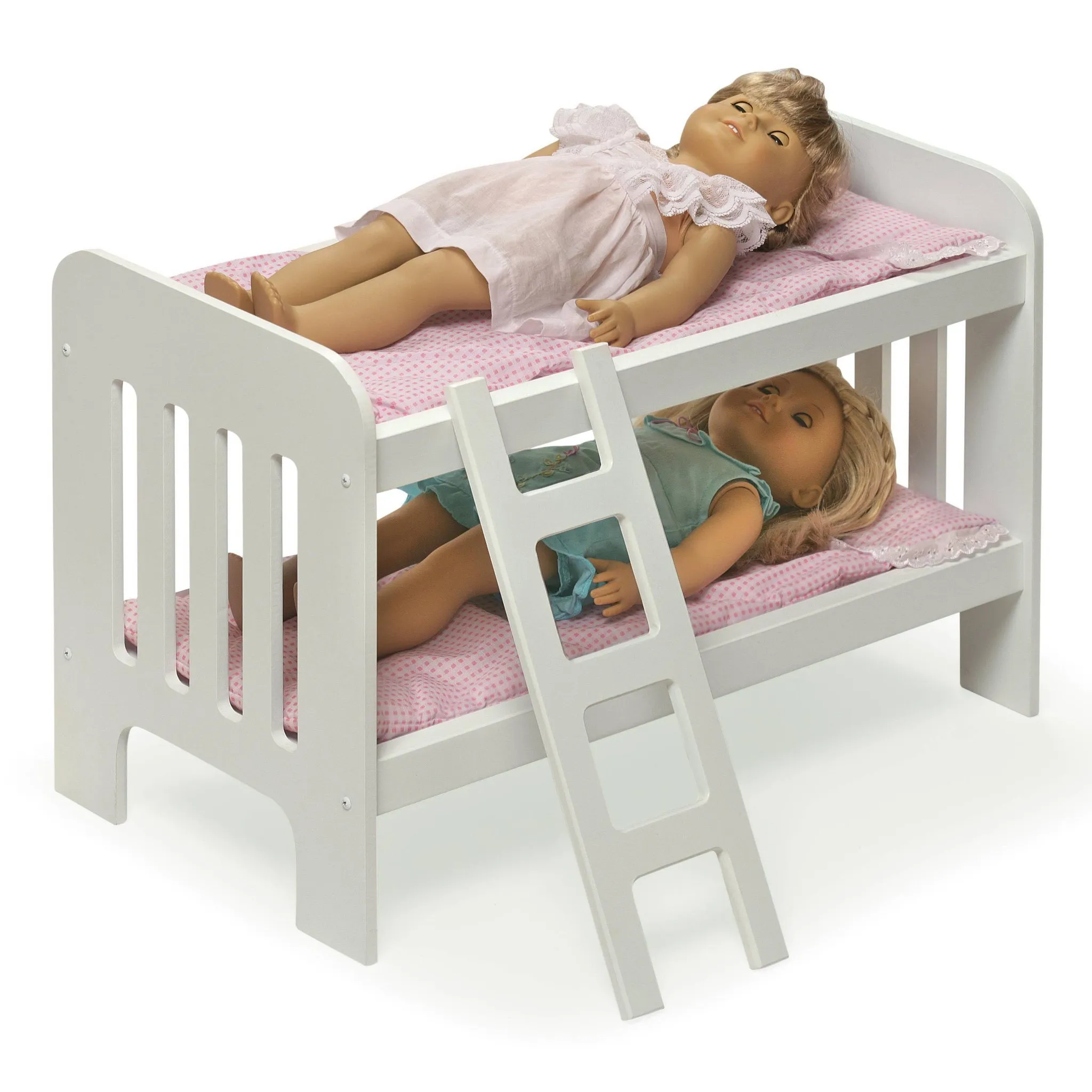 Doll Bunk Bed with Bedding, Ladder, and Free Personalization Kit - White/Pink/Gingham - Image 2