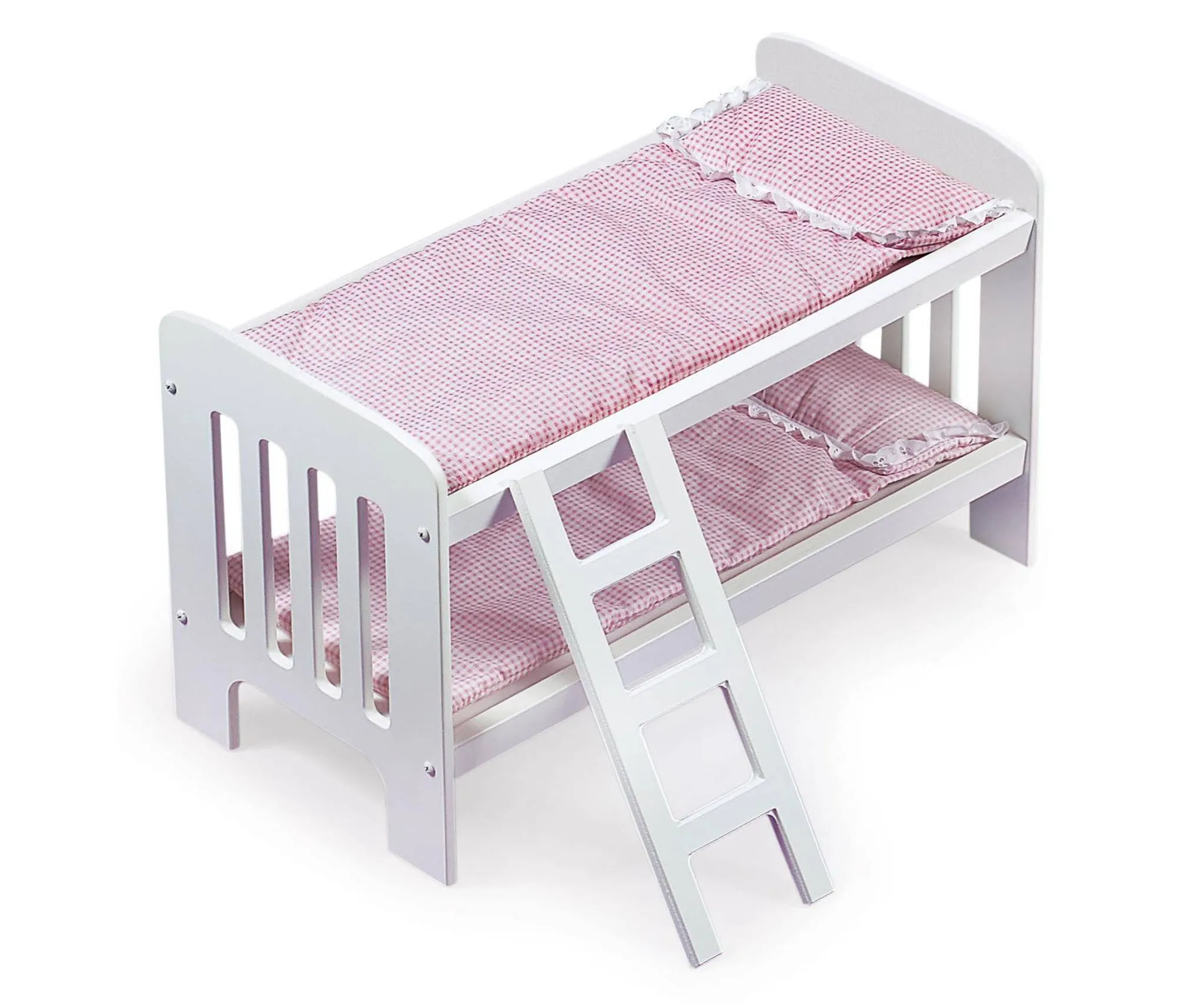 Doll Bunk Bed with Bedding, Ladder, and Free Personalization Kit - White/Pink/Gingham - Image 5