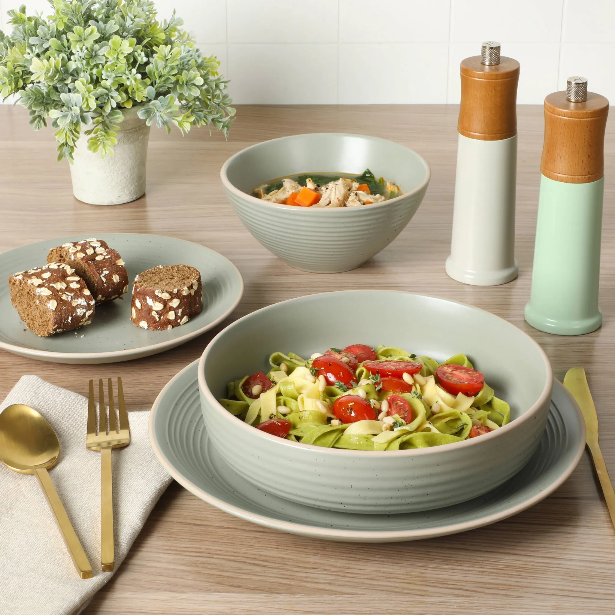 Double Bowl Stoneware Dinnerware Set - Sage Green - Image 3