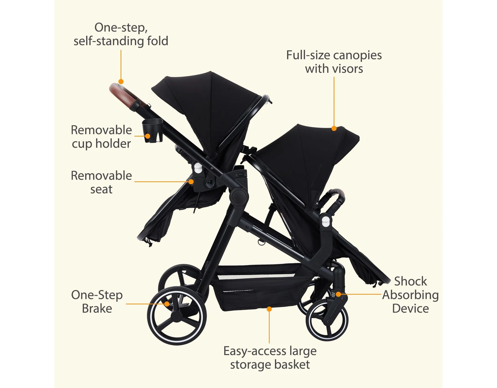 Whizmax Double Stroller Track Tandem Stroller - Black - Image 2