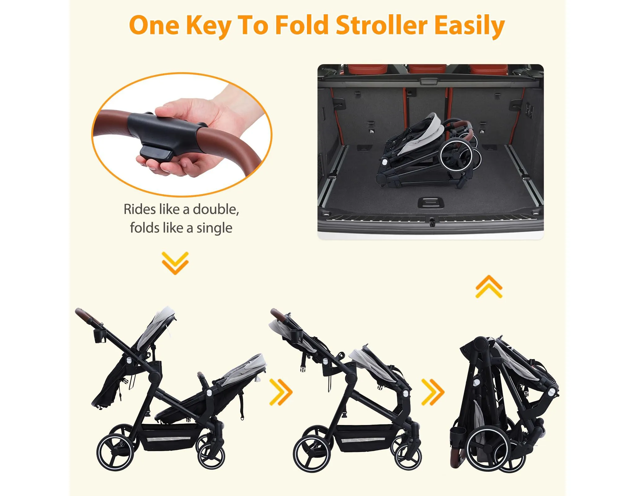 Double Track Tandem Stroller, Foldable Bassinet Pram - Light Grey - Image 2