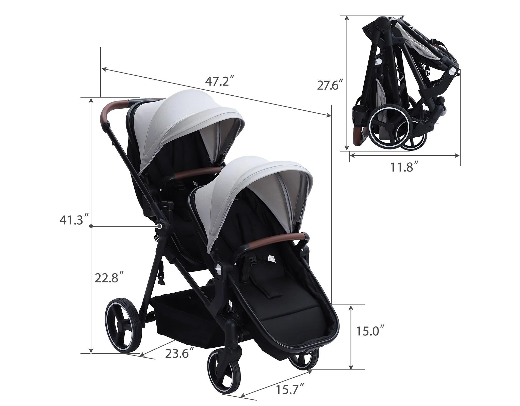 Double Track Tandem Stroller, Foldable Bassinet Pram - Light Grey - Image 5