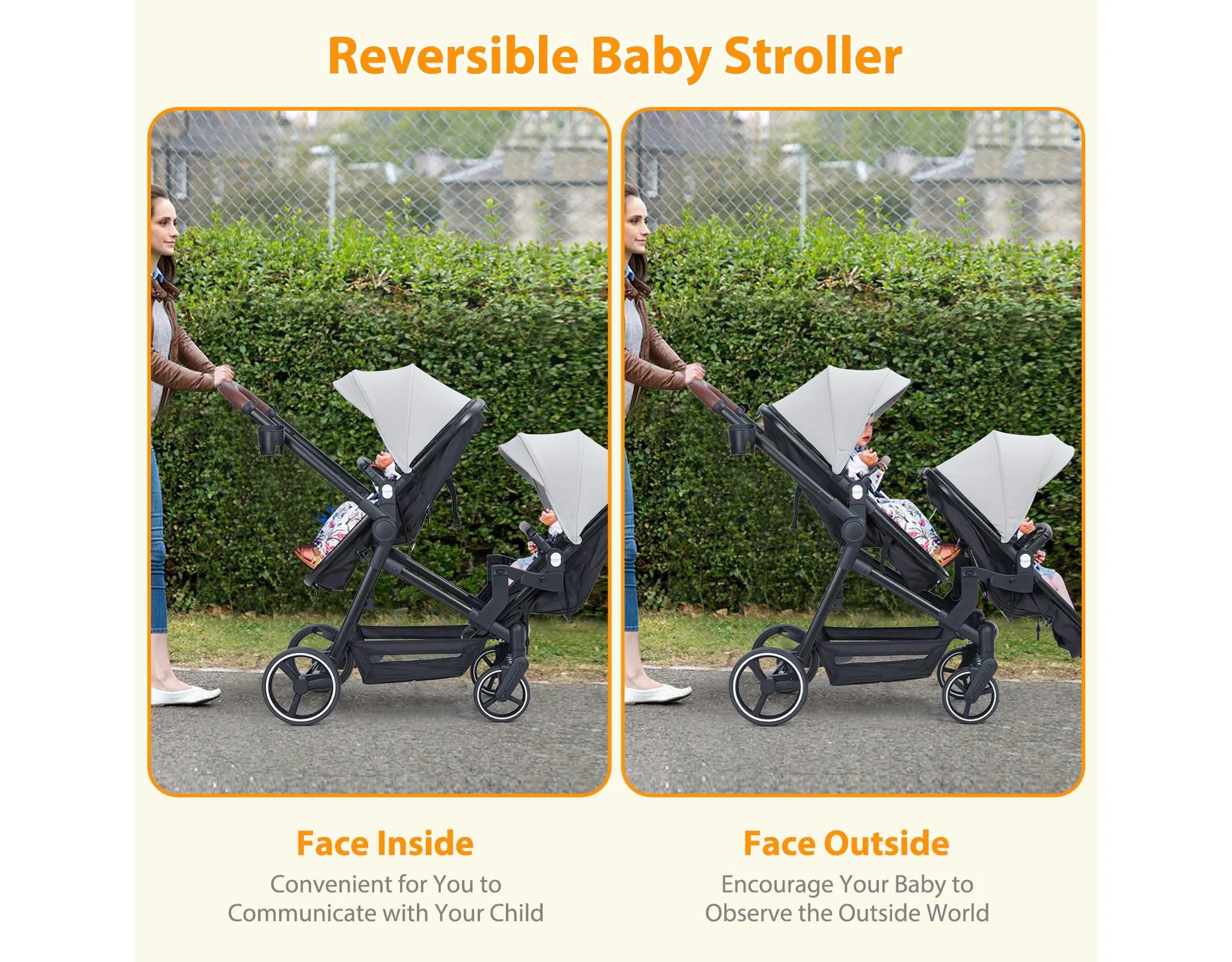 Double Track Tandem Stroller Foldable Bassinet Pram - Light Gray - Image 4