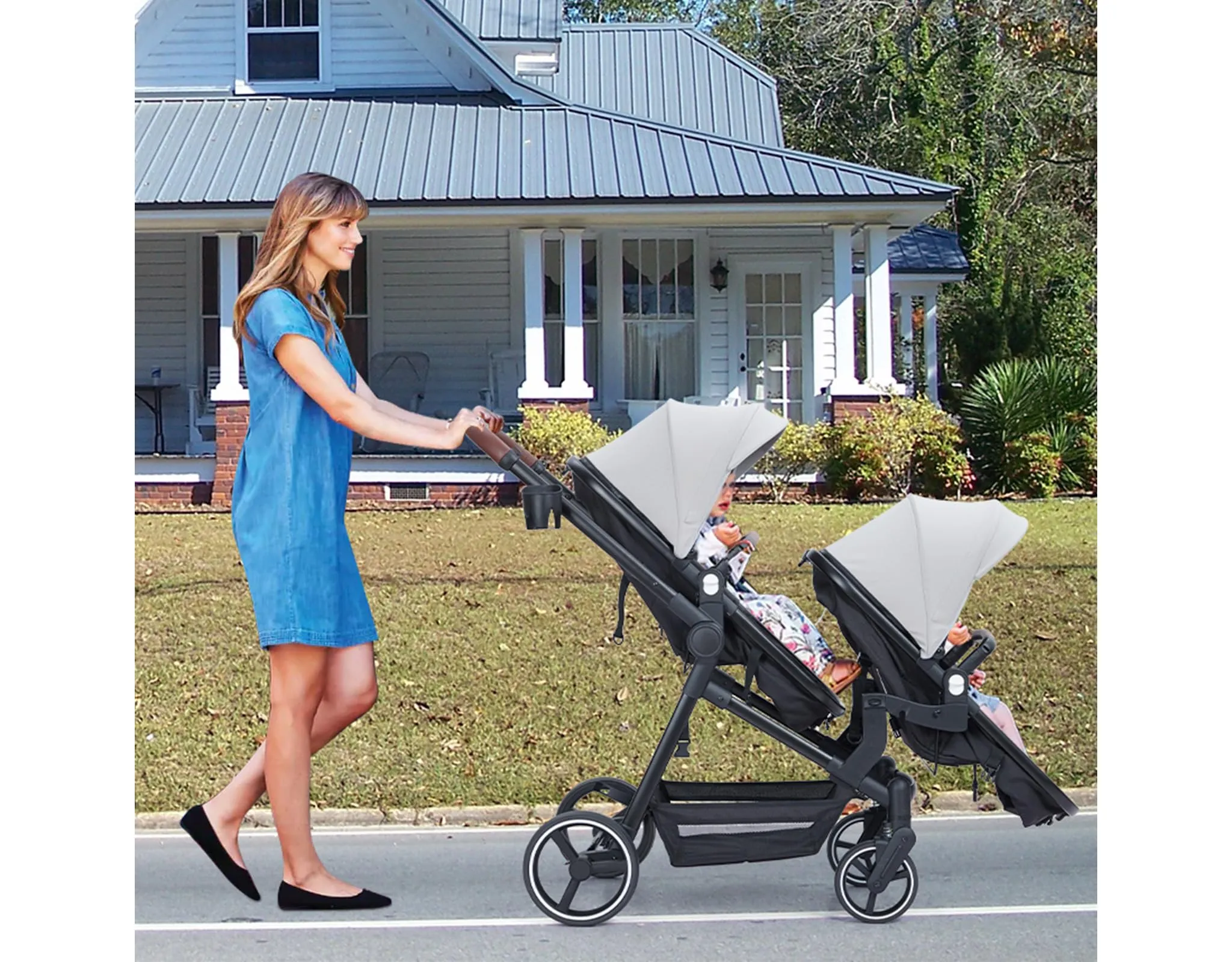 Double Track Tandem Stroller Foldable Bassinet Pram - Light Gray - Image 5