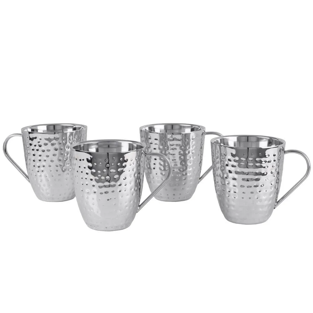 Double Wall Stainless Steel Hammered Mug Set - Silver