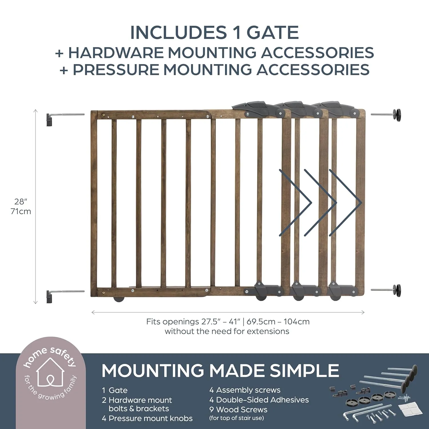 Dreambaby 27.5-41" Nottingham Rustic Wooden Baby Gate for Stairs and Doorways – Two Mount Options: Drill-in Walk Through Door Gate or No Screw Barrier - Stair Gate for Kids and Pets - Image 3