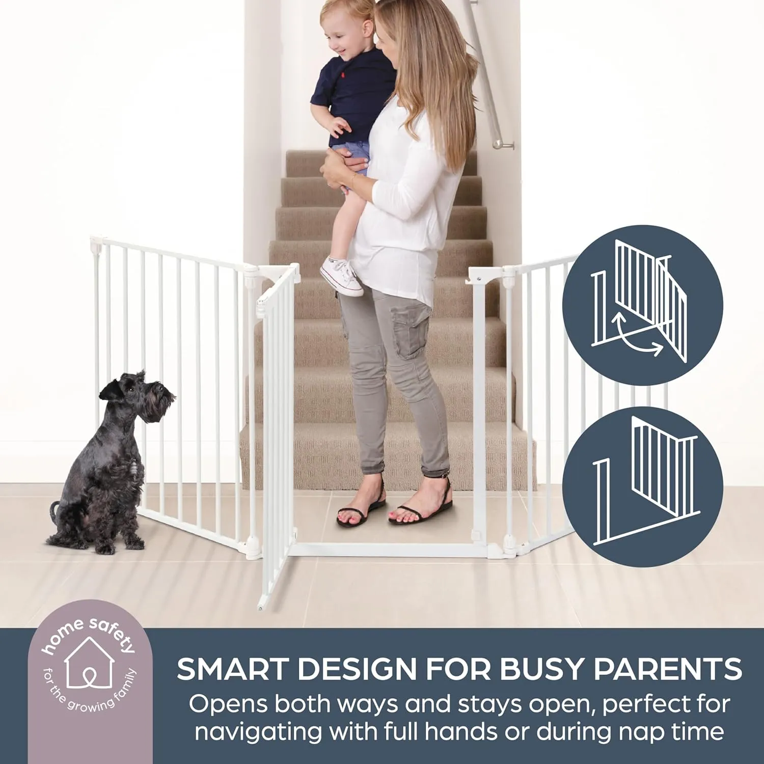 Dreambaby Discovery Metal Baby Gate - 76.5" Extra Wide 3 Panel Walk Through Door for Angled Openings, Configurable for Stairs and Hallways, 29in High Discovery 3 Panel White 29-76.5 Inches - Image 5