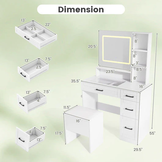 Dressing Desk With 3 Color Lighting and Hair Dryer Stand-White - Image 4
