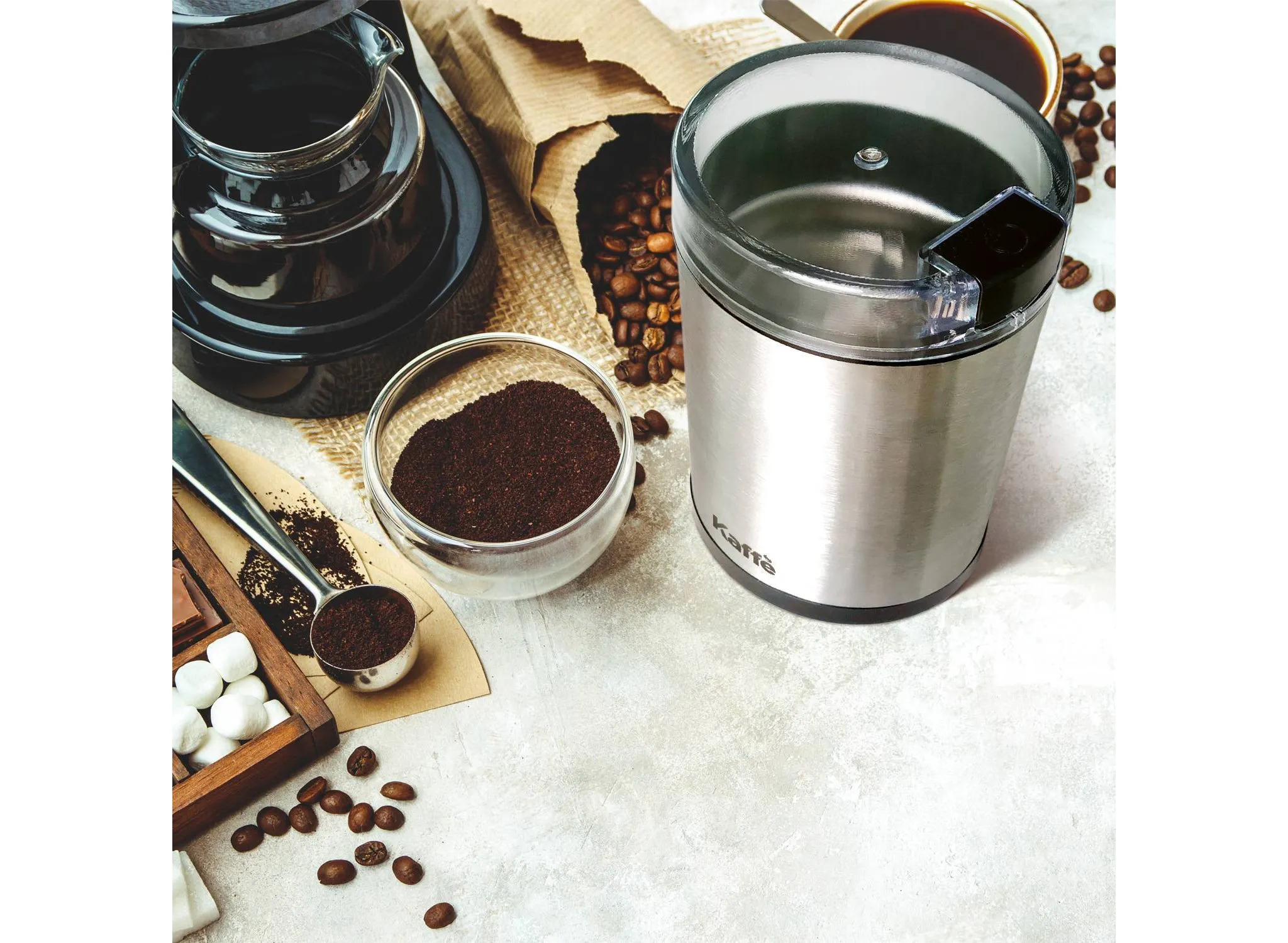 Electric Coffee Grinder with Cleaning Brush - Silver - Image 2