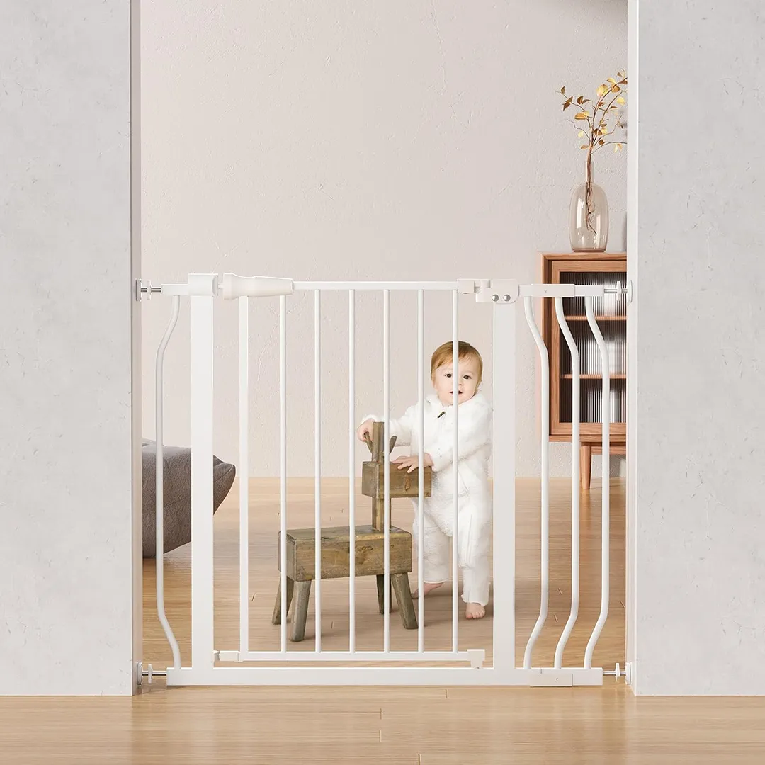 ELEVON Baby Gate for Stairs Doorways, Safety Pet Gate with Auto-Close/Hold-Open Features, Fits Openings 29.1” to 33.8”, 36” Tall, Easy Pressure Mounted Walk Through Baby Dog Gate, White