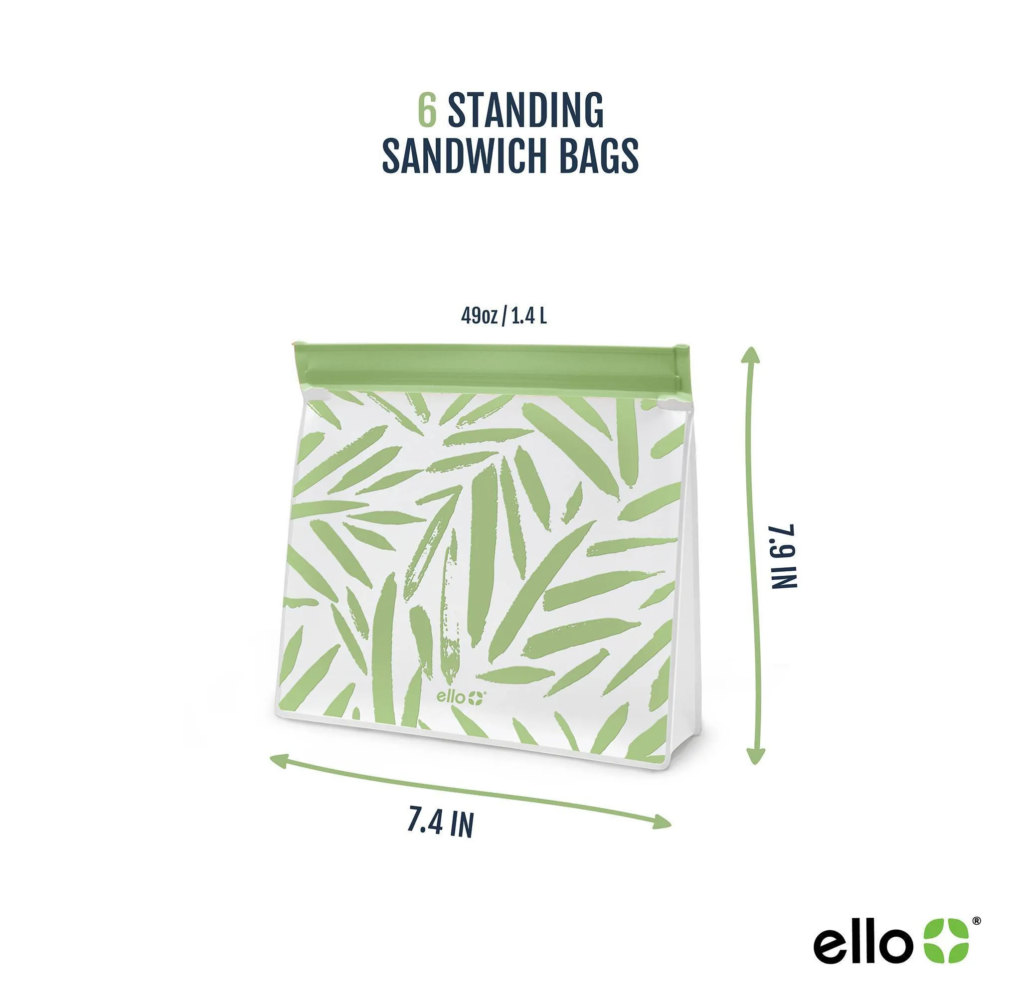 Ello 6-Pack Standing Sandwich Reusable Food Storage Bags - Green - Image 3
