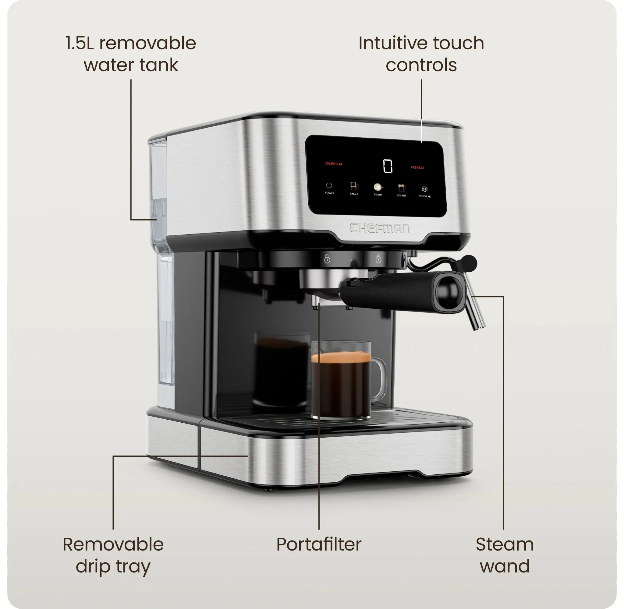 Espresso Machine with Steam Wand and Touch Controls - Stainless Steel - Image 7