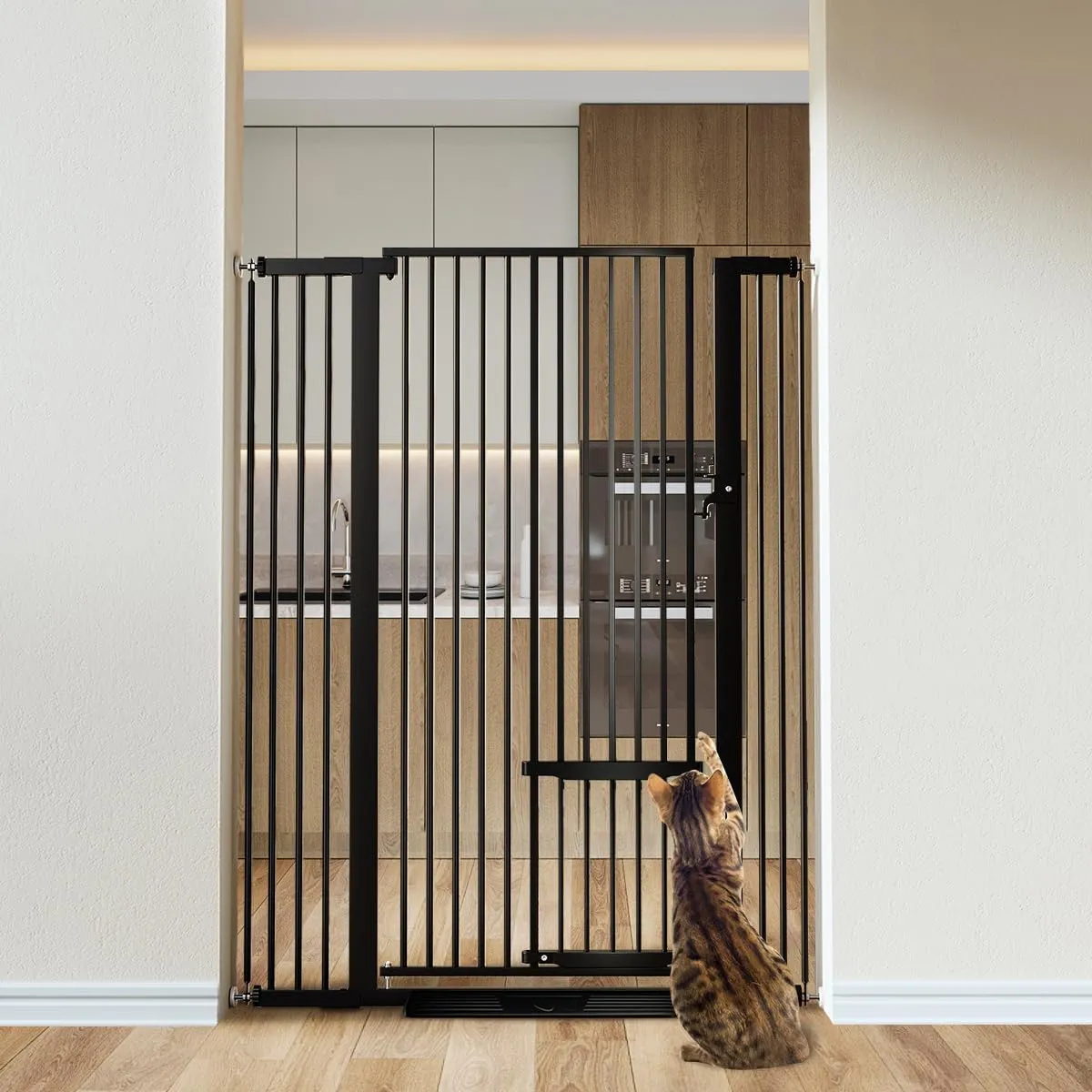 Extra Tall Pet Gate with Adjustable Cat Door - Black