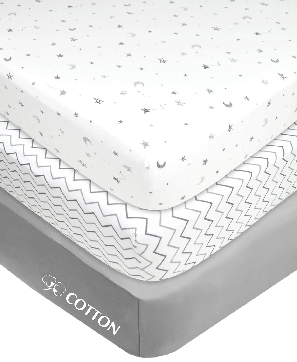 Fitted Mini Crib Sheets 3 Pack - Grey Star/Zigzag