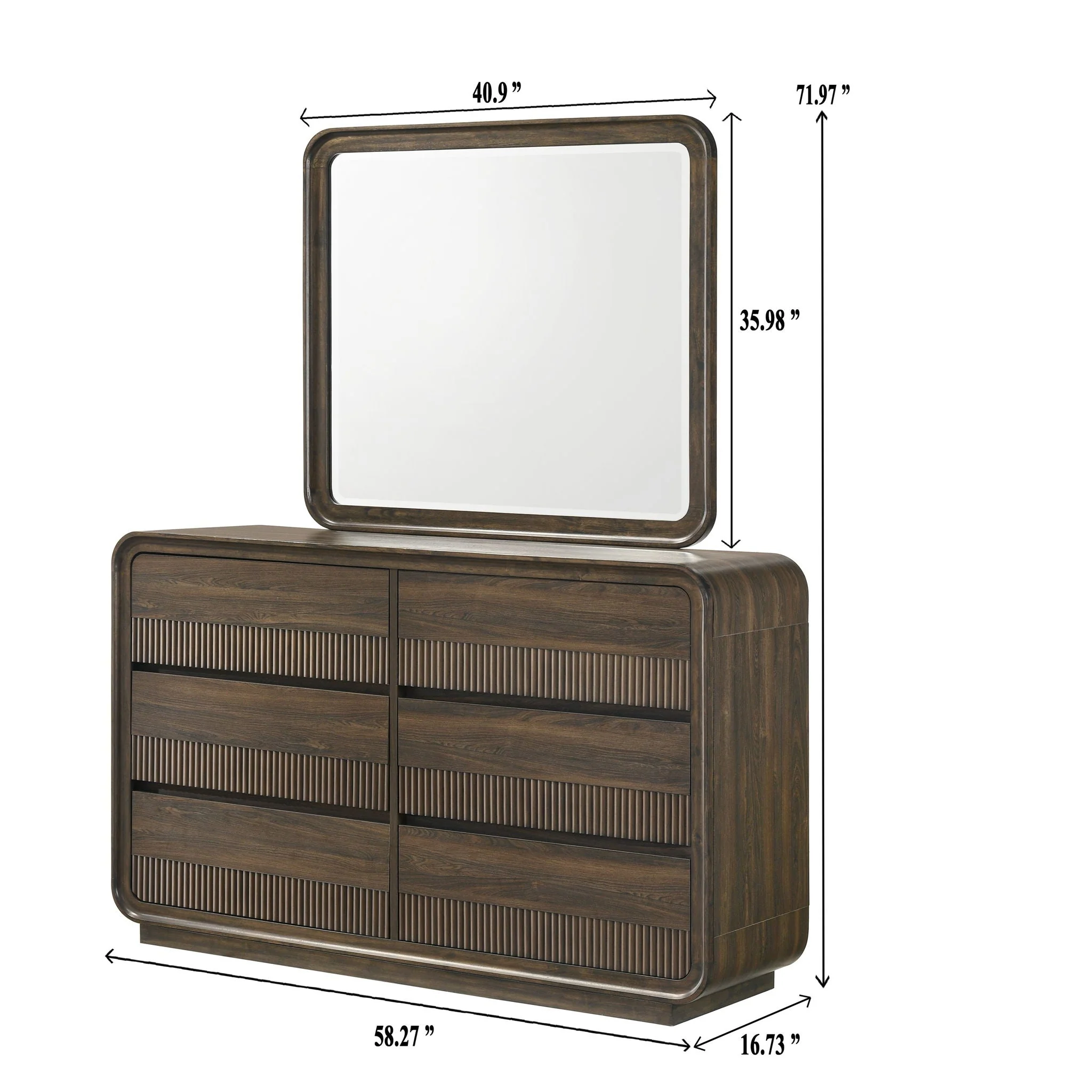 Flair Rounded Edges 1 Piece Dresser, 6 Drawer Storage Bedroom Furniture - Brown - Image 3