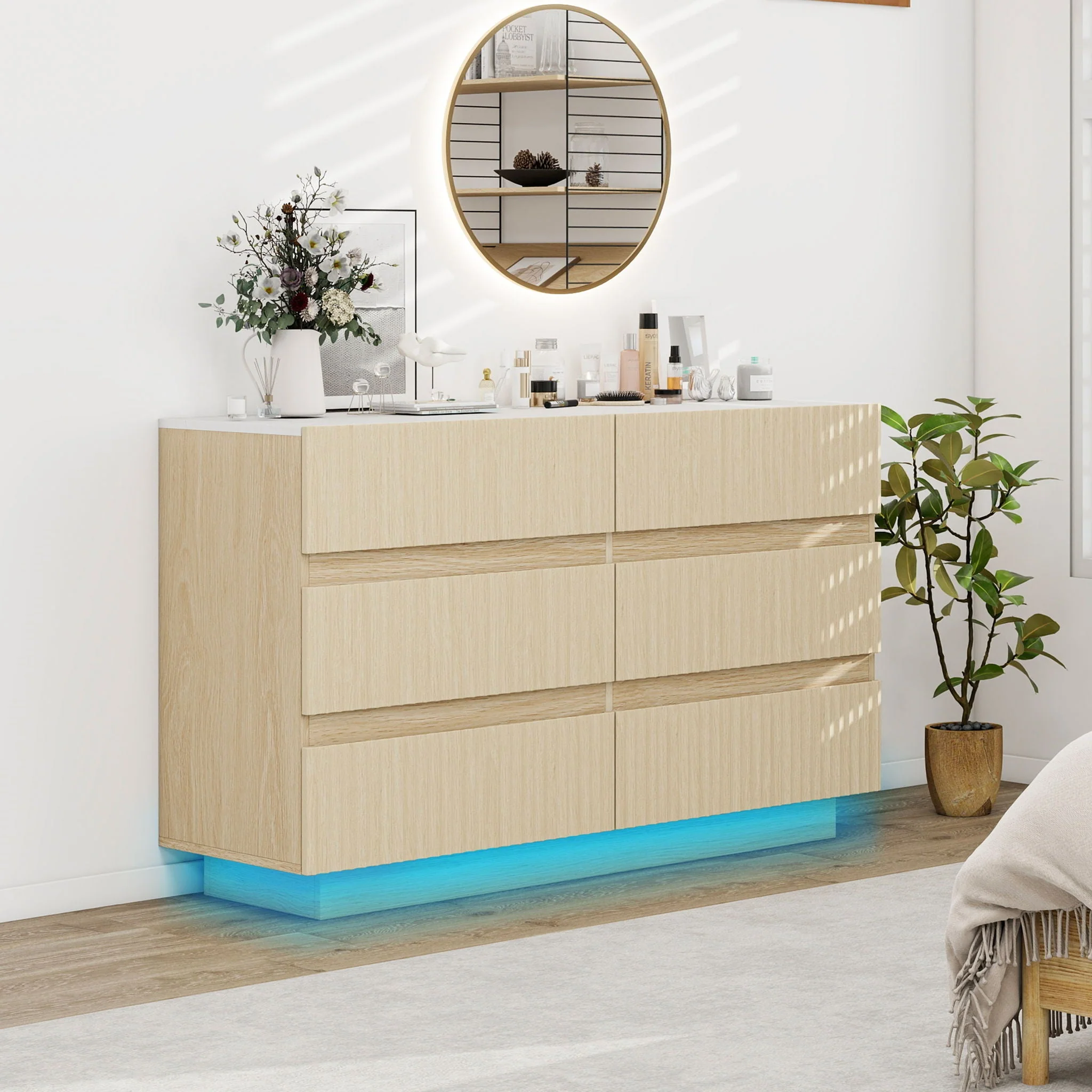 Fluted 6 Drawers Dresser, Double Dresser Chest of Drawers, Modern Chest of Drawers With LED, Drawer Organizer for Bedroom, Living Room, Hallway - Natural - Image 2