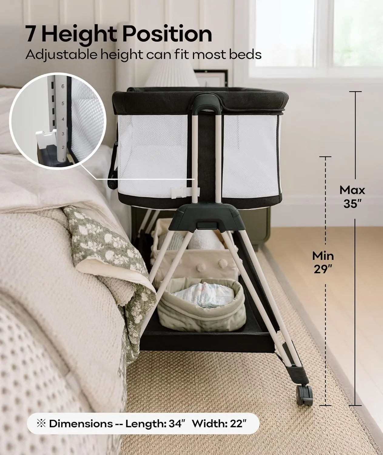 Fodoss Baby Bassinet Bedside Sleeper with Wheels and Storage Tray - Image 5