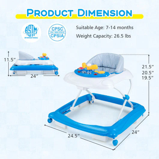 Foldable Baby Walker With 3 Adjustable Heights and Padded Seat-Blue - Image 12