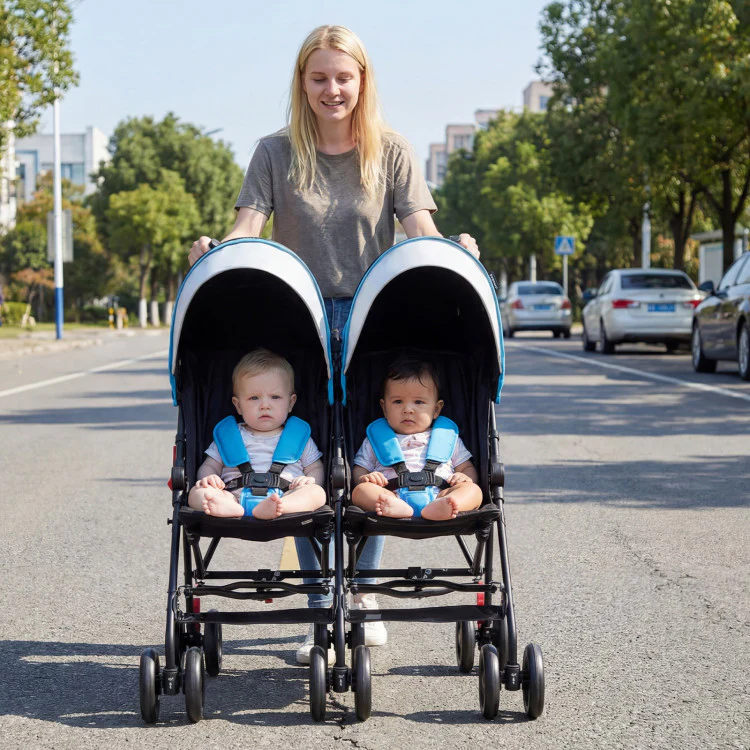 Foldable Twin Baby Double Stroller Ultralight Umbrella Kids Stroller-Navy - Image 3