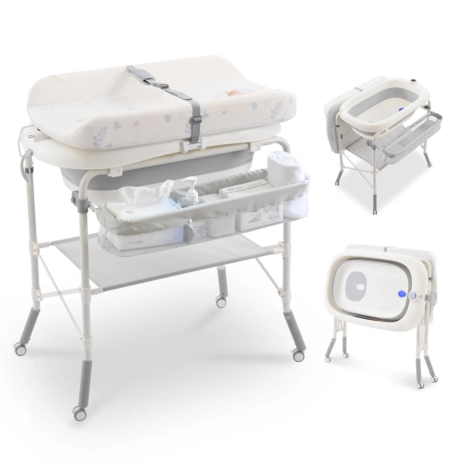 Folding Baby Changing Table with Bathtub and Universal Wheels