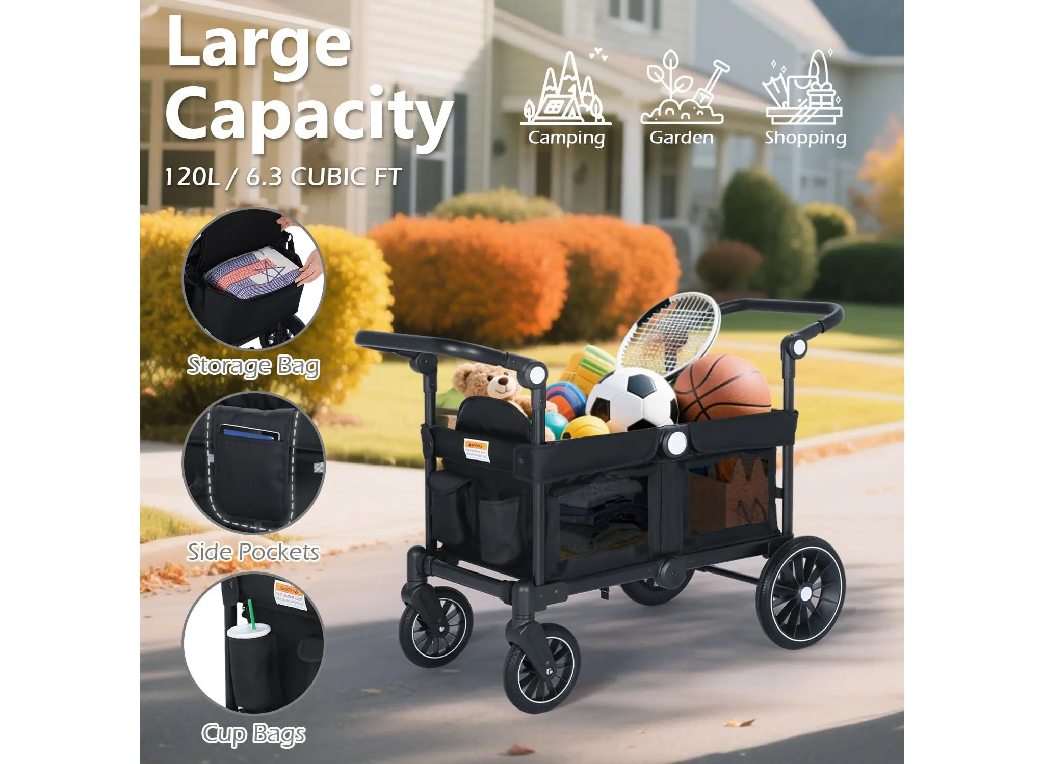 Folding Wagon Stroller for 2 Kids - Black - Image 5
