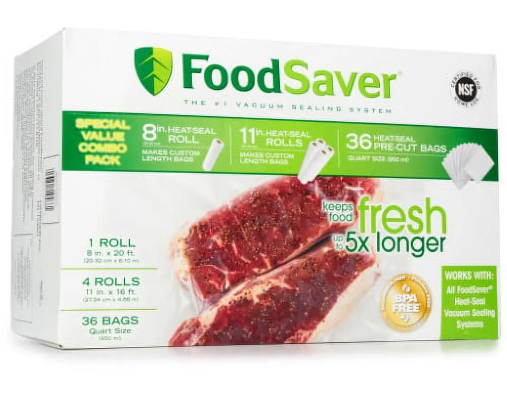 FoodSaver Vacuum Sealer Roll Combo Pack - 8" x 20" (1 Roll) & 11" x 16" (4 Rolls) with 36 Quart Bags - Image 3