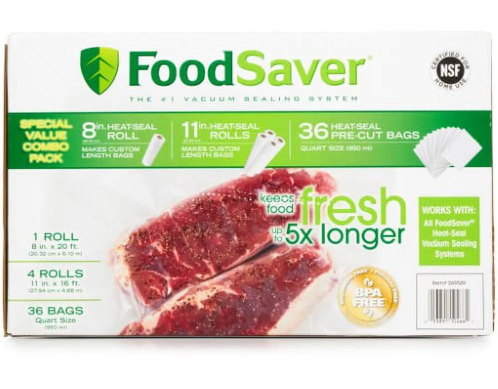 FoodSaver Vacuum Sealer Roll Combo Pack - 8" x 20" (1 Roll) & 11" x 16" (4 Rolls) with 36 Quart Bags - Image 5