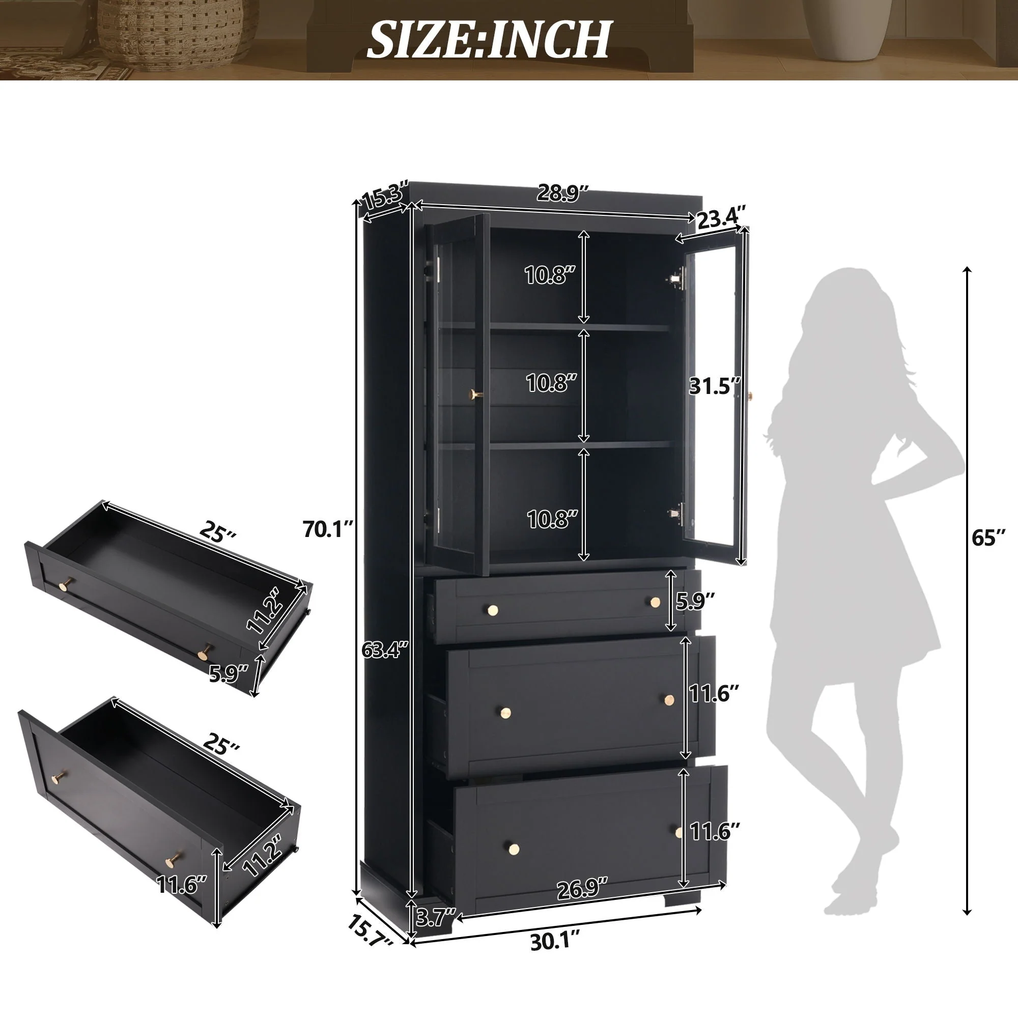 Freestanding Tall Bathroom Cabinet With Adjustable Shelves, Drawers, Soft Close Glass Doors - Black - Image 2