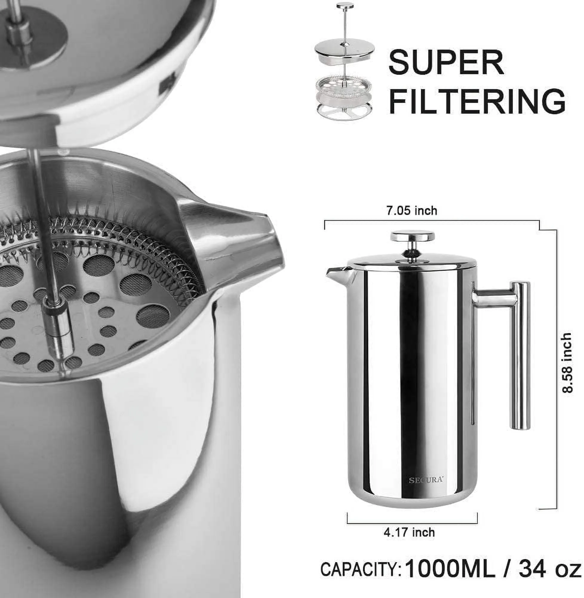 French Press Coffee Maker - Silver - Image 2