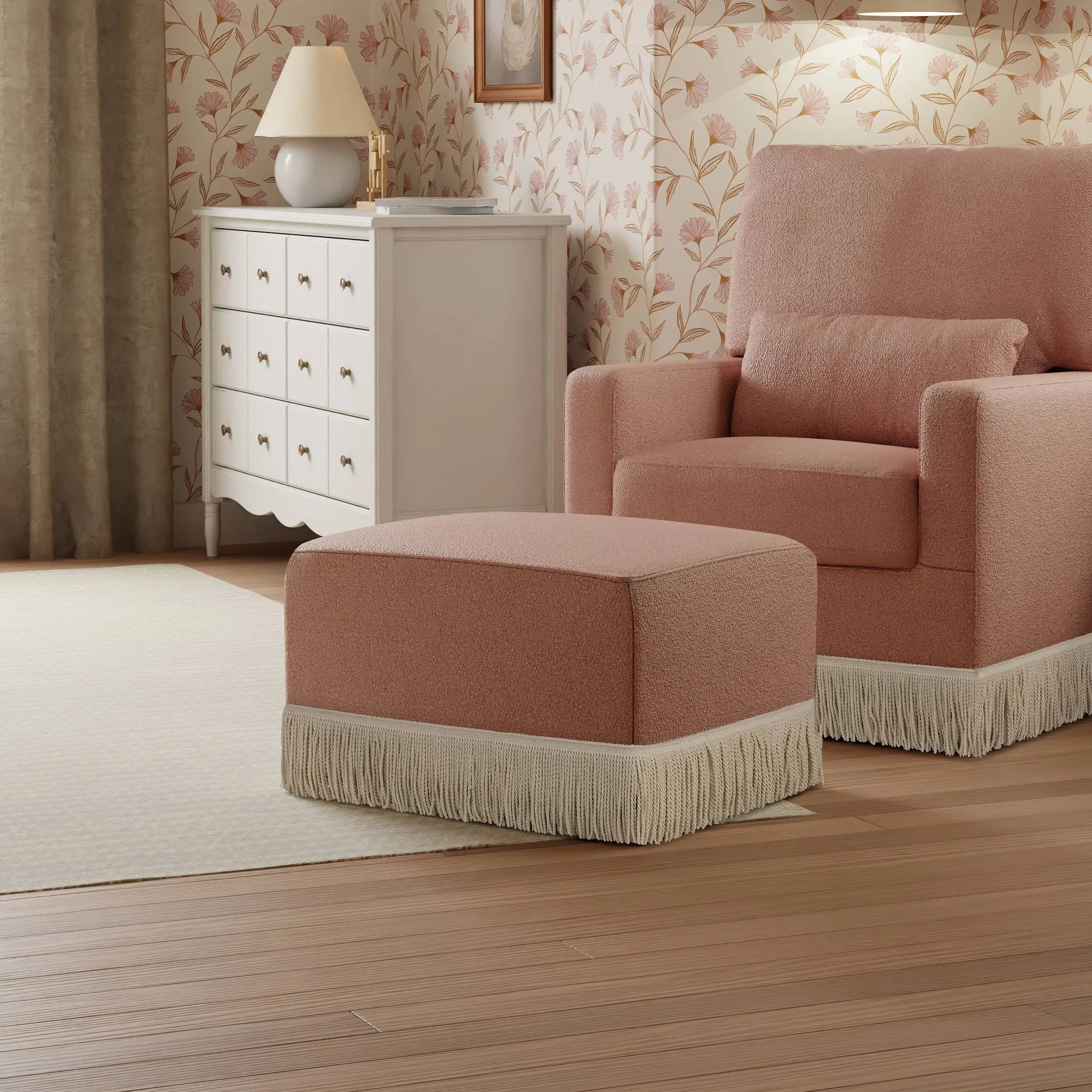 Gliding Ottoman - Rose Boucle with Ivory Tassel Fringe - Image 2